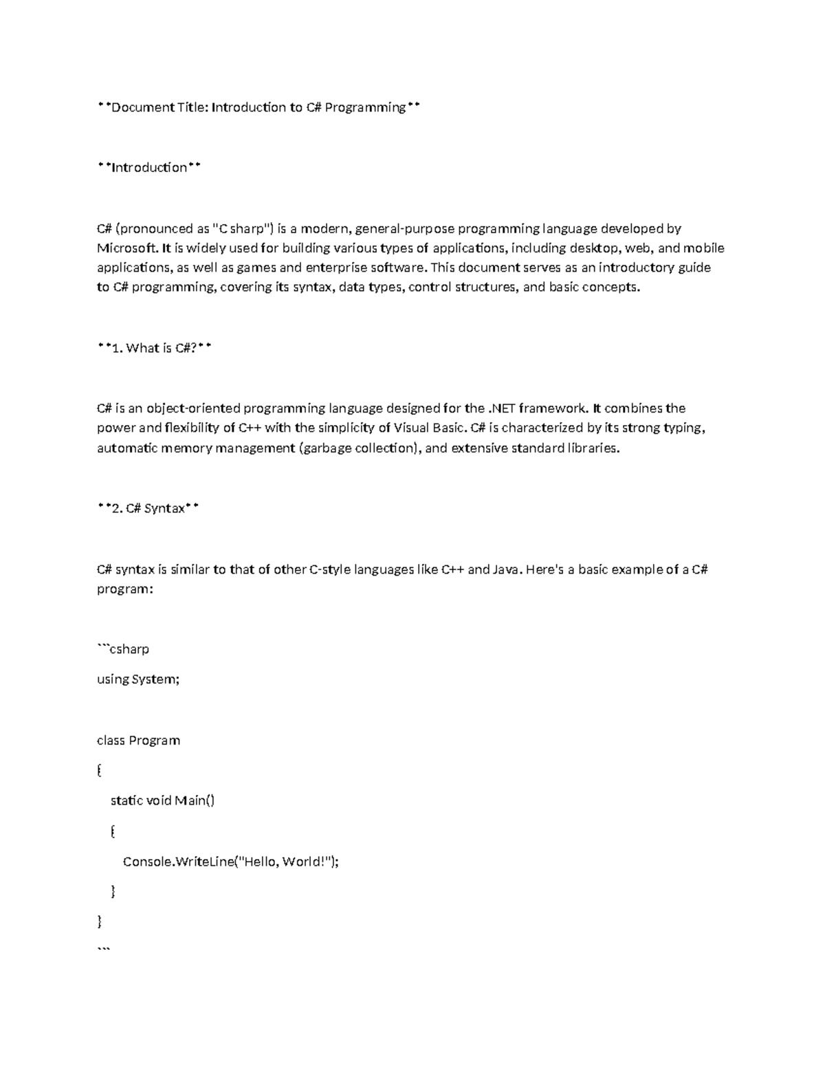C# - Summary Computer Science - Document Title: Introduction to C# ...