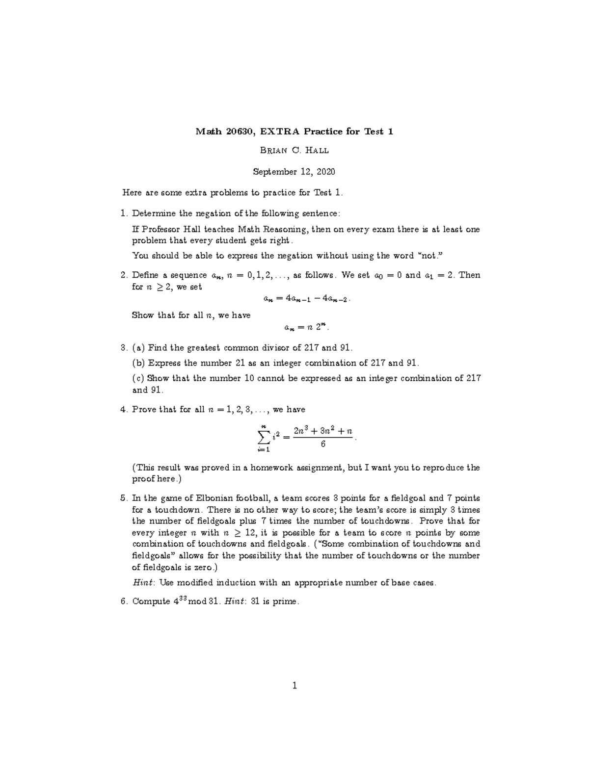 Practice Test 1Extra - Brian C. Hall - Math 20630, EXTRA Practice for ...