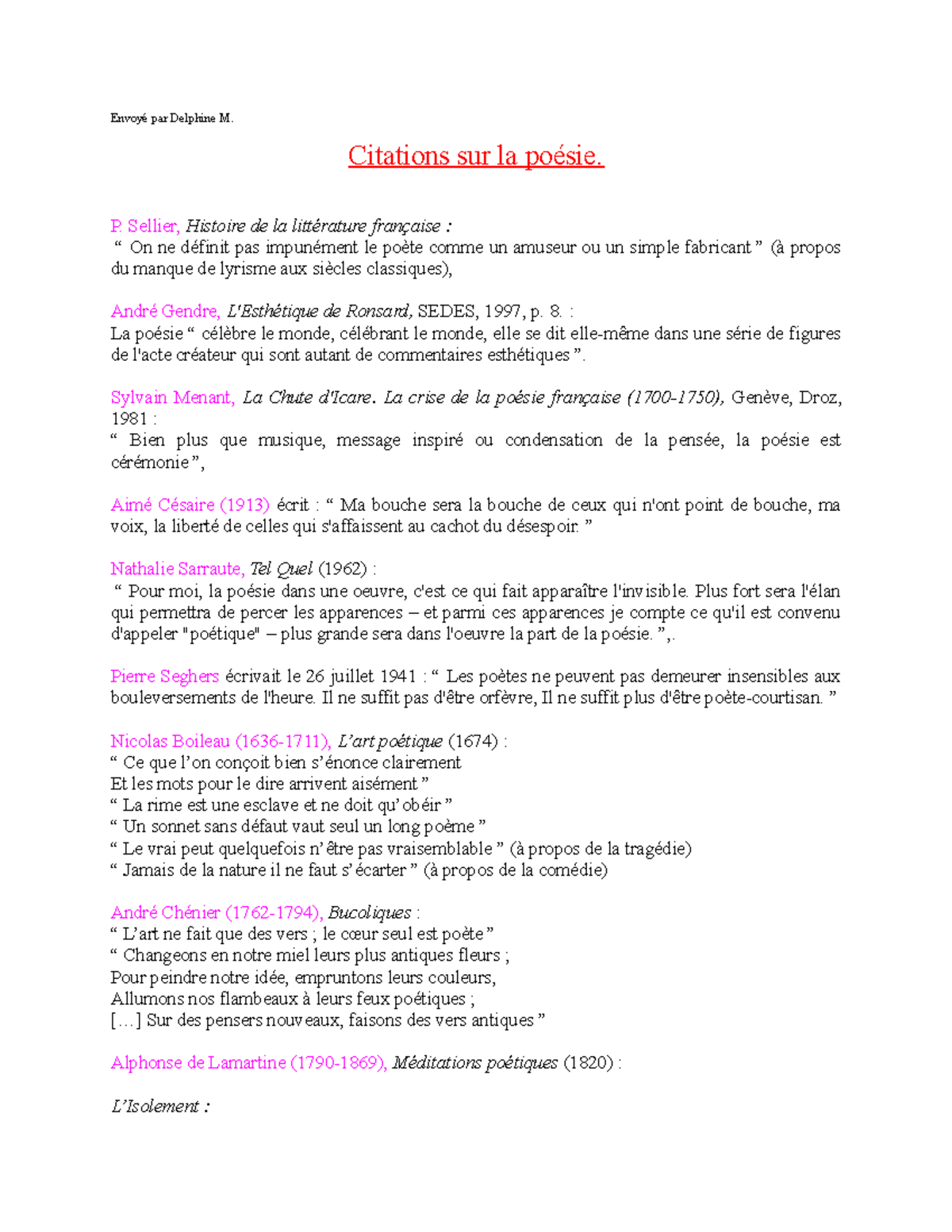 Citations Poesie Notes De Cours 1 Envoye Par Delphine M Citations Sur La Poesie P Sellier Studocu