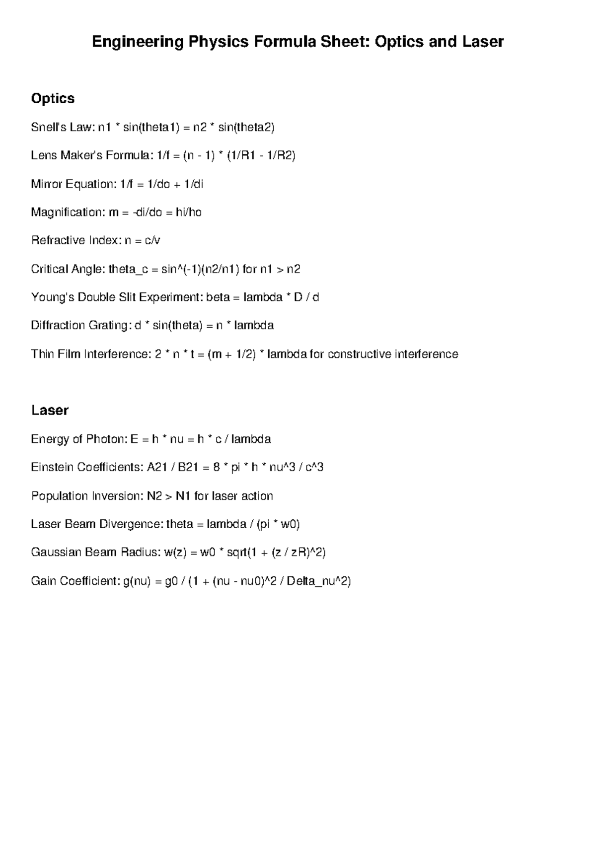 Engineering physics optics laser formula sheet - Engineering Physics ...
