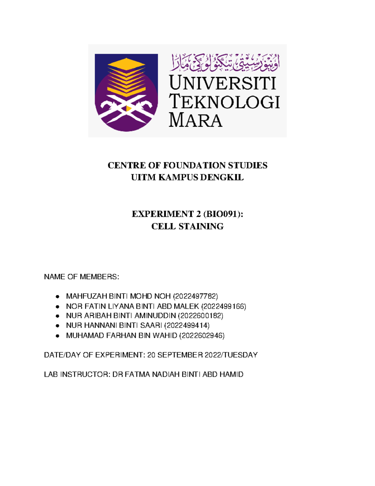LAB Report BIO091 S44 Group 5 CELL Staining - CENTRE OF FOUNDATION ...