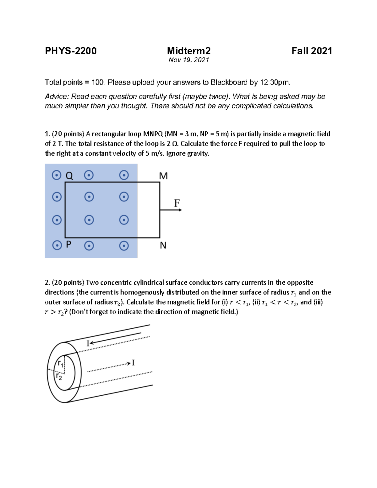 Midterm number 2 - PHYS- 2200 Midterm2 Fall 2021 Nov 19, 2021 Total ...