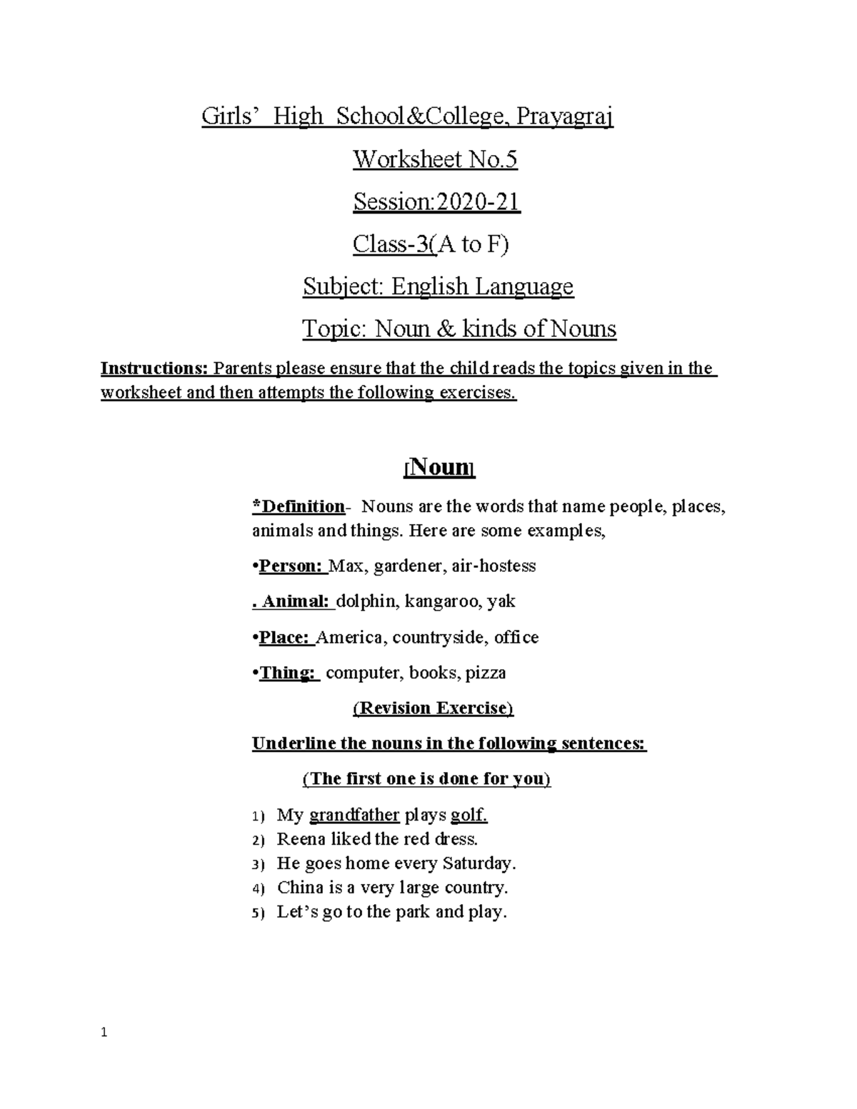 Class 3 English Language Worksheet No - Girls’ High School&College ...