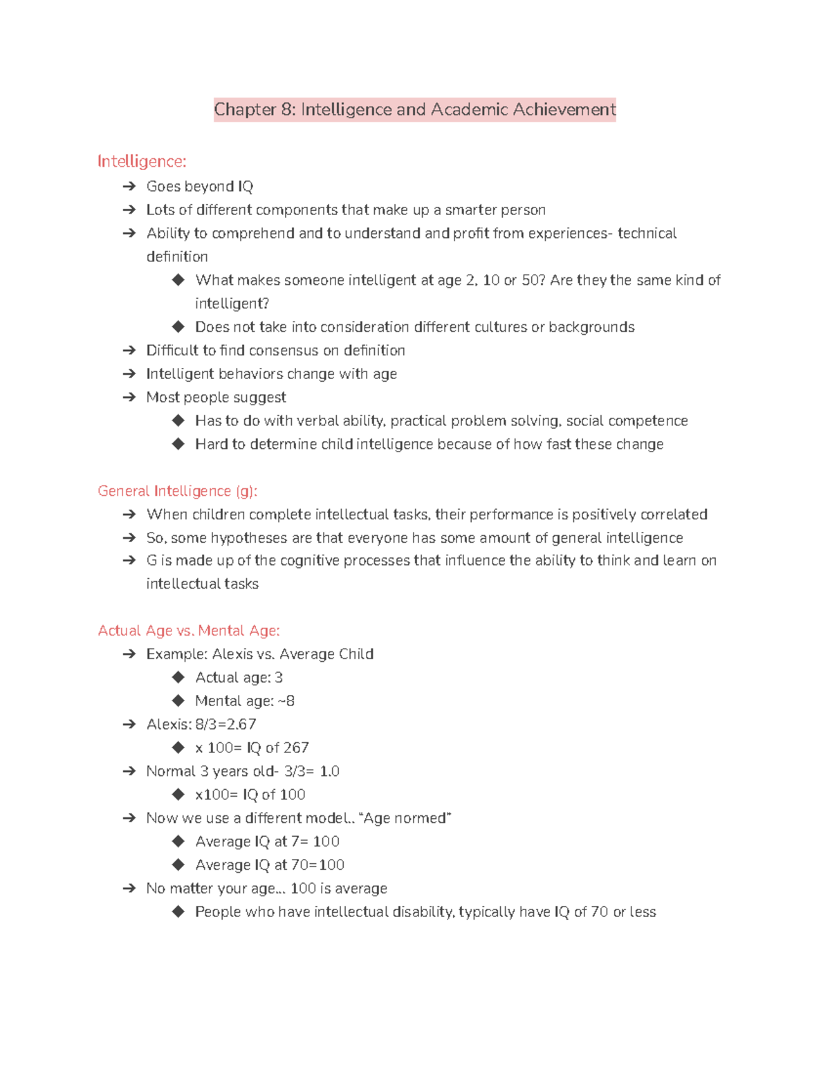 DEP 3103 Exam 3 - Lecture notes 8-11 - Chapter 8: Intelligence and ...