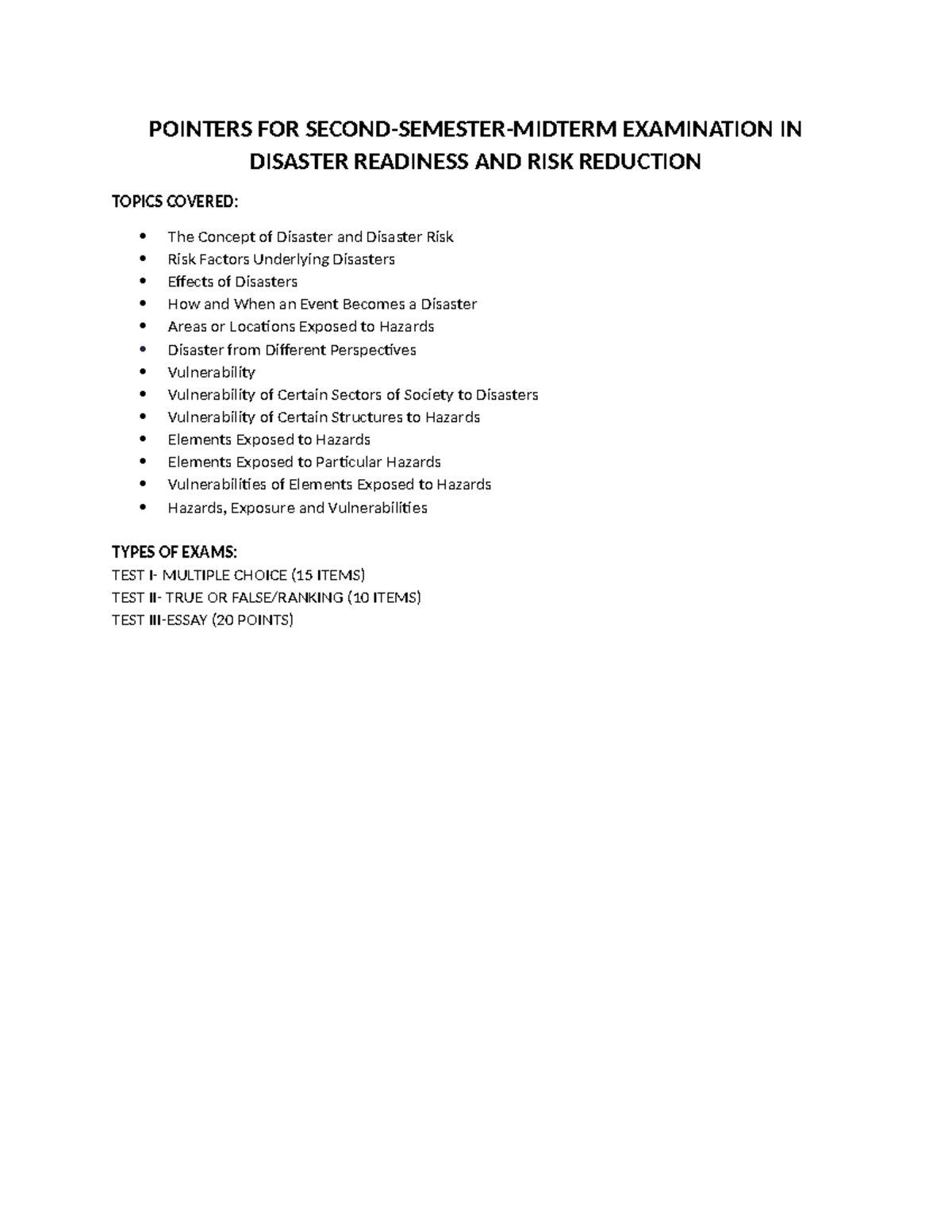 Pointers FOR Second Semester Midterm Assessment DRRR - POINTERS FOR ...