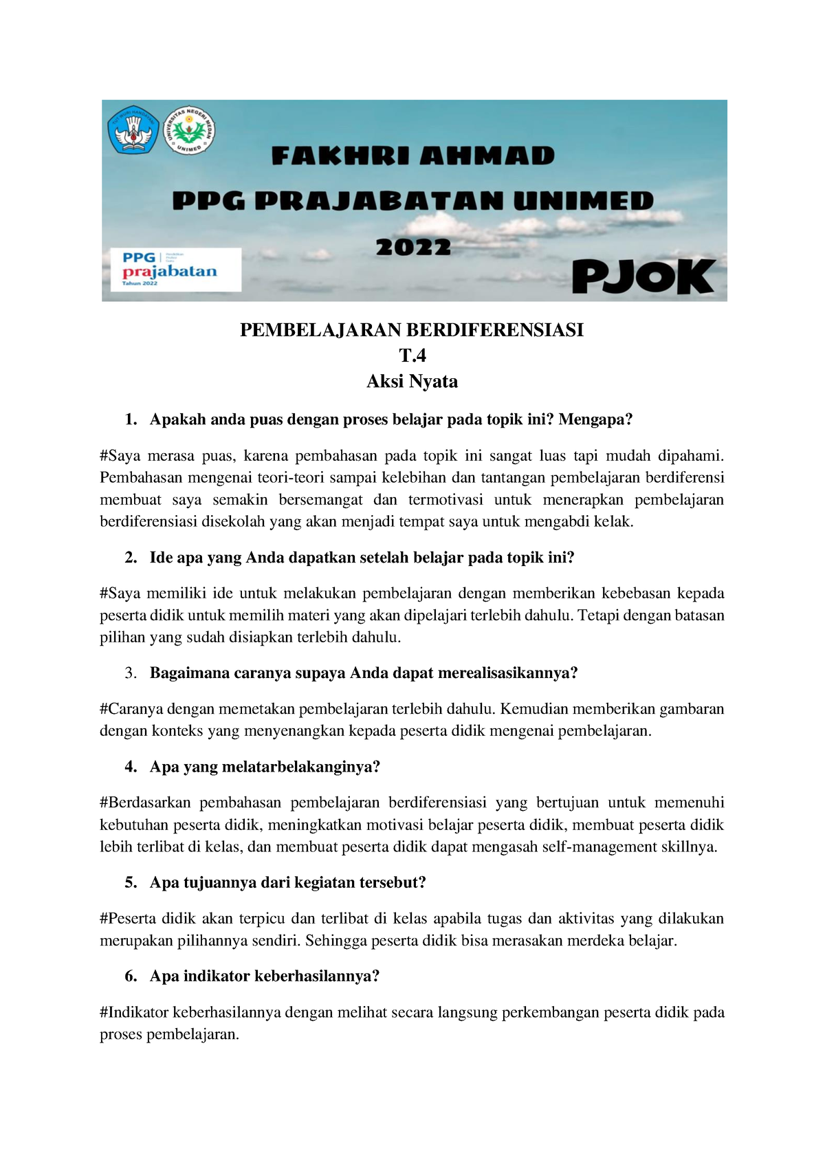 T.4 Aksi Nyata Berdiferensiasi - PEMBELAJARAN BERDIFERENSIASI T. Aksi ...