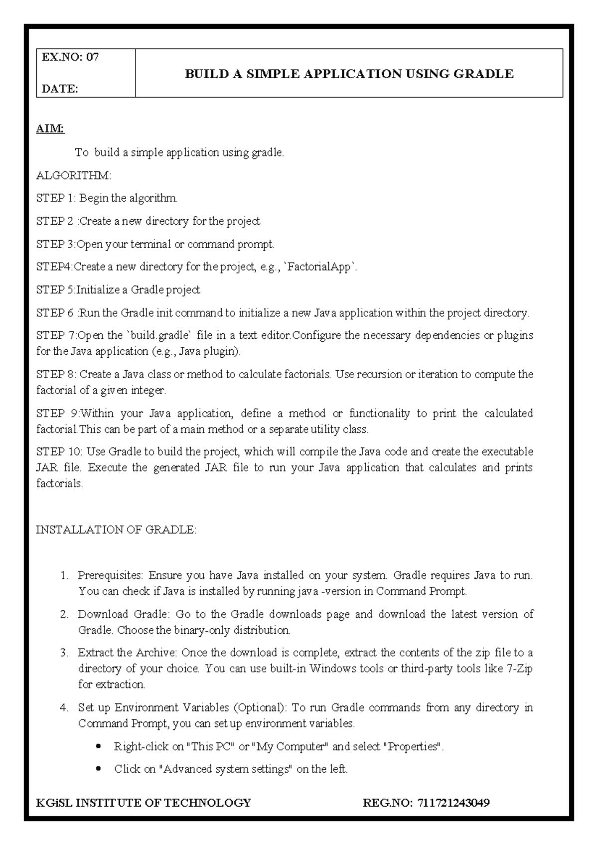 Devops 7 - EX: 07 DATE: BUILD A SIMPLE APPLICATION USING GRADLE AIM: To ...