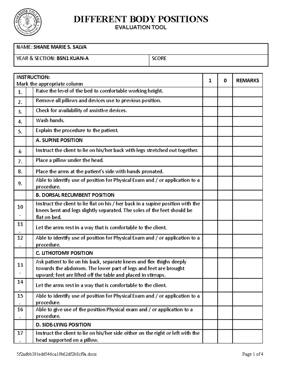 Different Body Position - EVALUATION TOOL NAME: SHANE MARIE S. SALVA ...