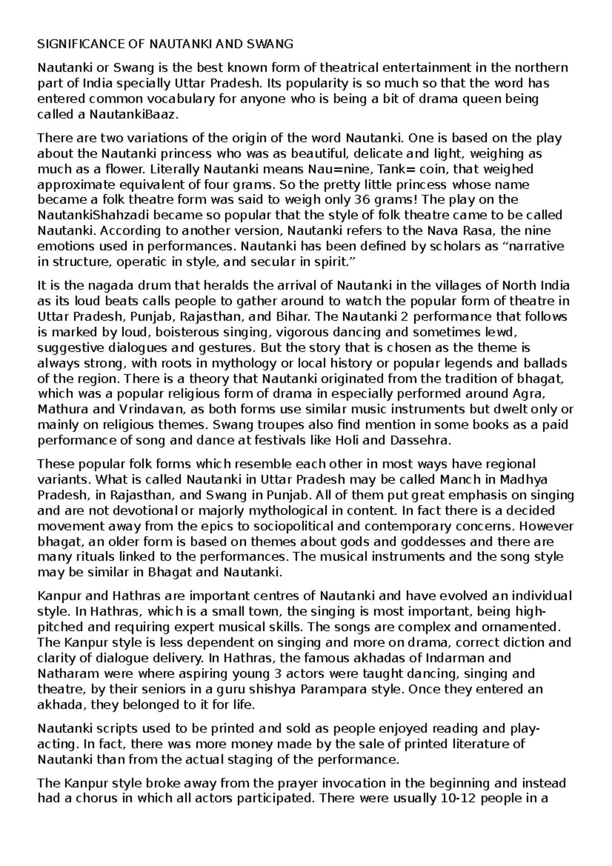 Significance OF Nautanki AND Swang SIGNIFICANCE OF NAUTANKI AND SWANG