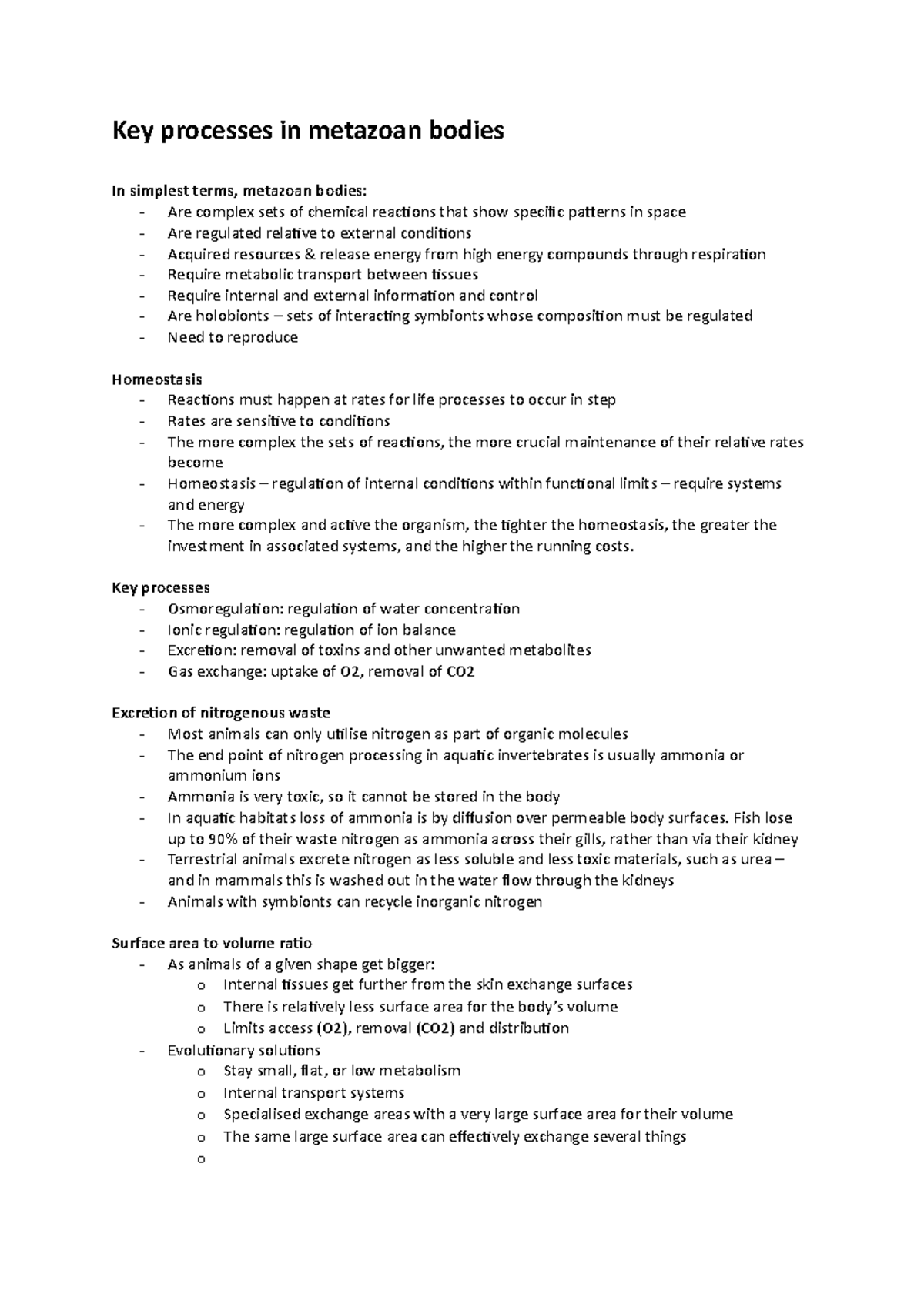 Homeostasis lecture notes Key processes in metazoan bodies In
