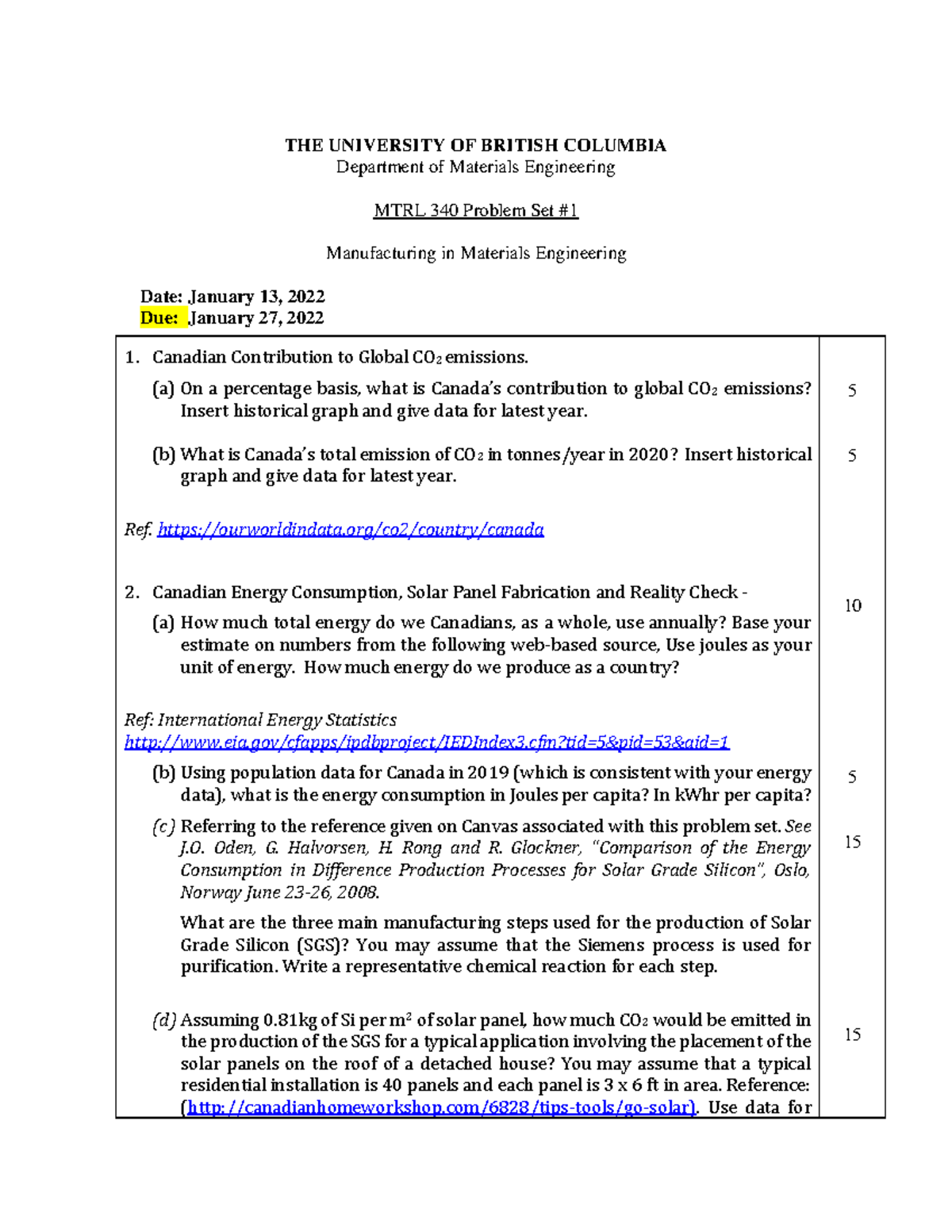 Problem Set 1 MTRL 340-2022 Solar-Panel-Production - THE UNIVERSITY OF ...