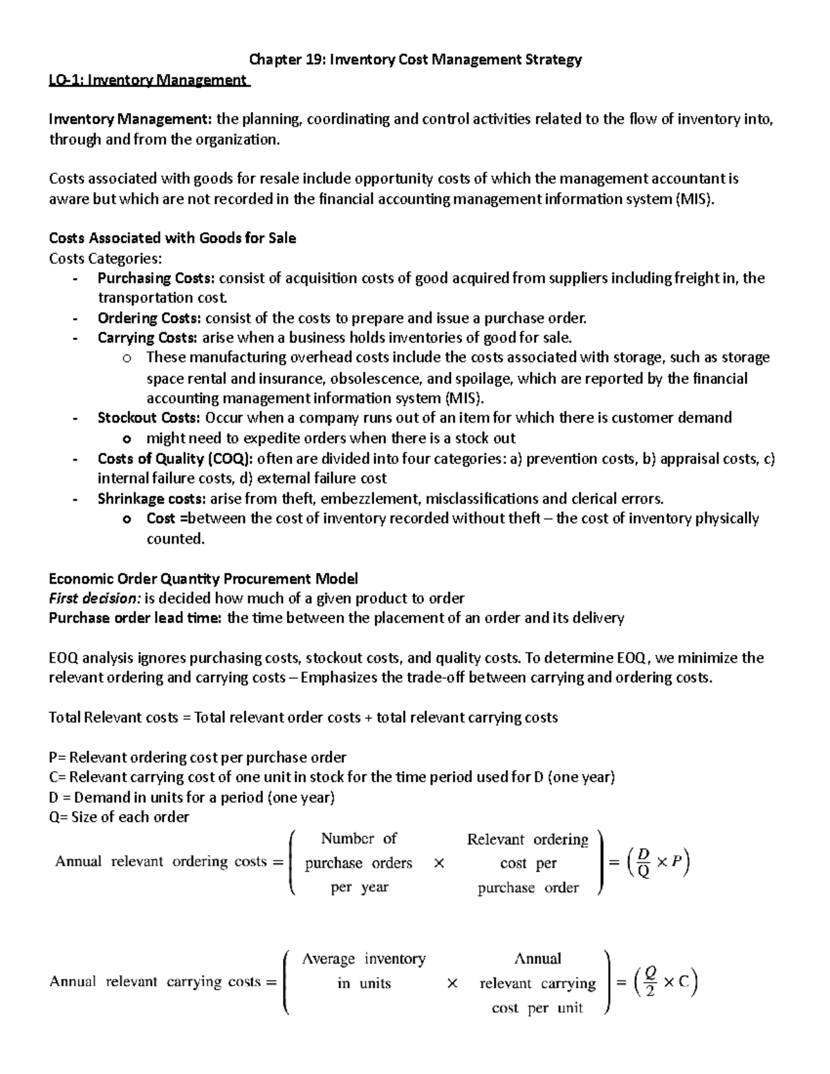 Chapter 19 - Chapter 19: Inventory Cost Management Strategy LO-1 ...