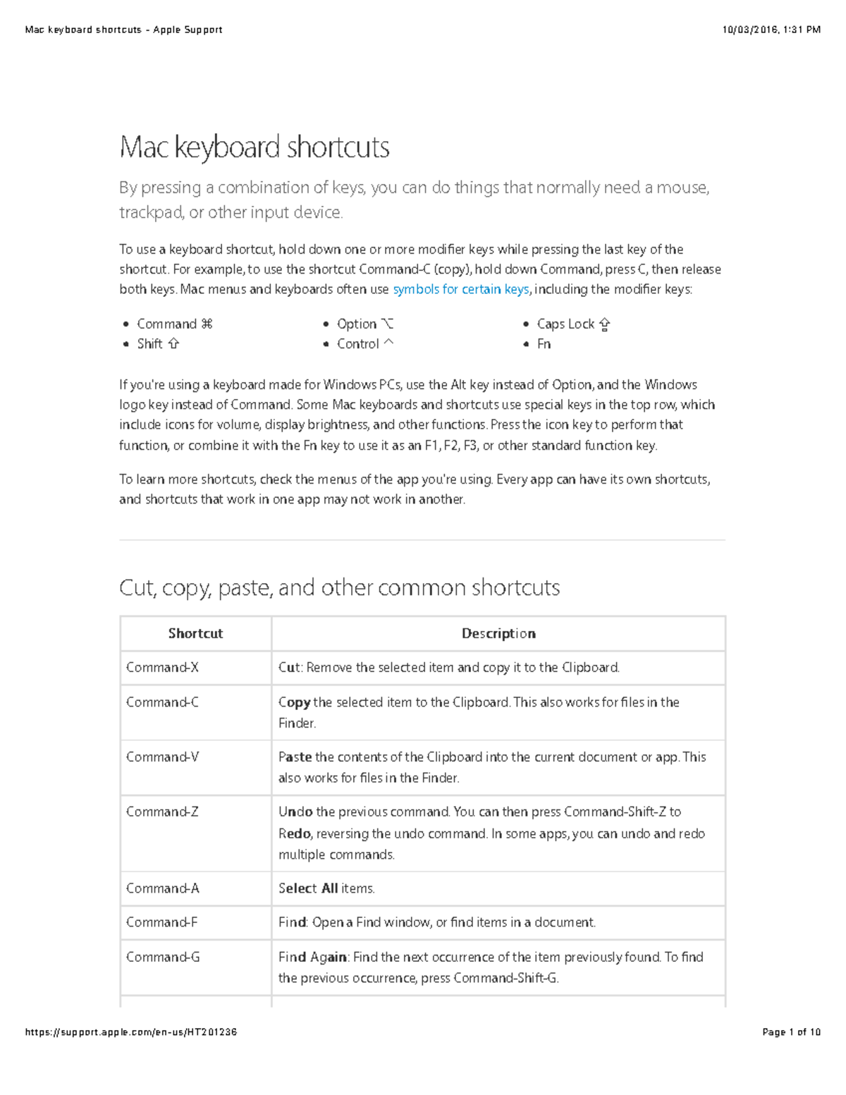 Mac keyboard shortcuts - Apple Support - Command ; Shift ç Option ...