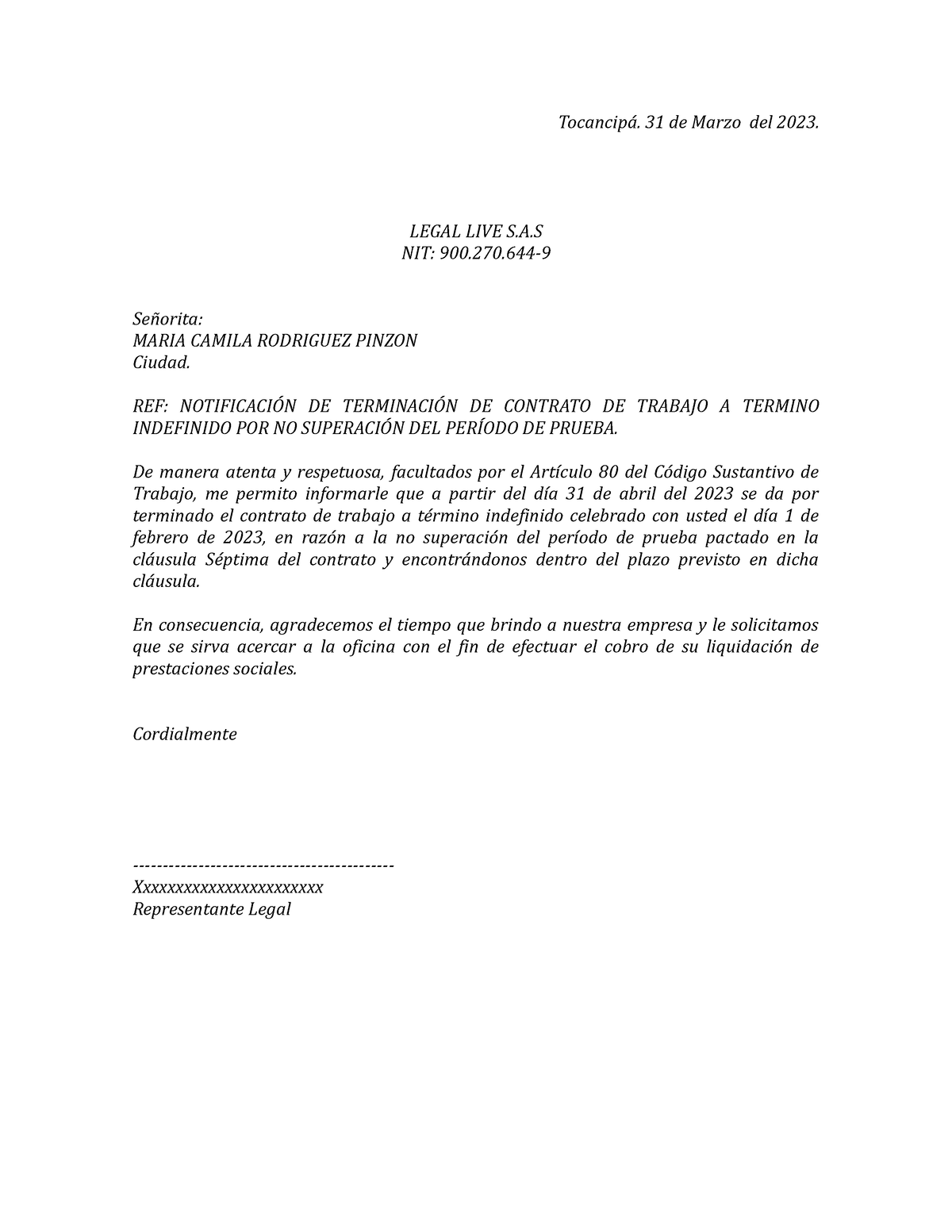 Carta De Terminacion Laboral Tocancipá 31 De Marzo Del 2023 Legal Live Sa Nit 900270 0548