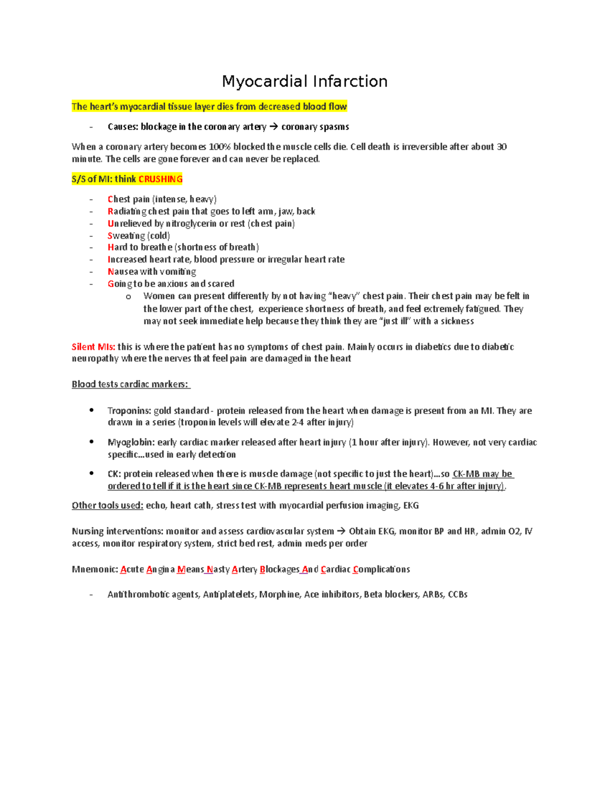 Myocardial Infarction notes - Myocardial Infarction The heart’s ...