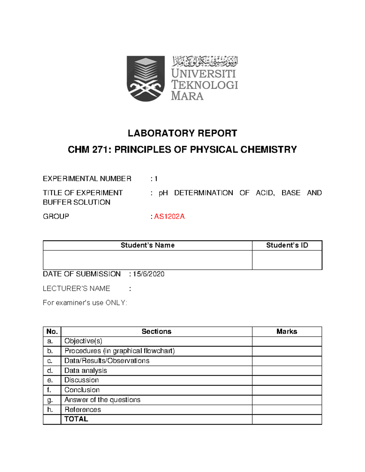 Lab chm p h lab report laboratory report chm 271 principles of