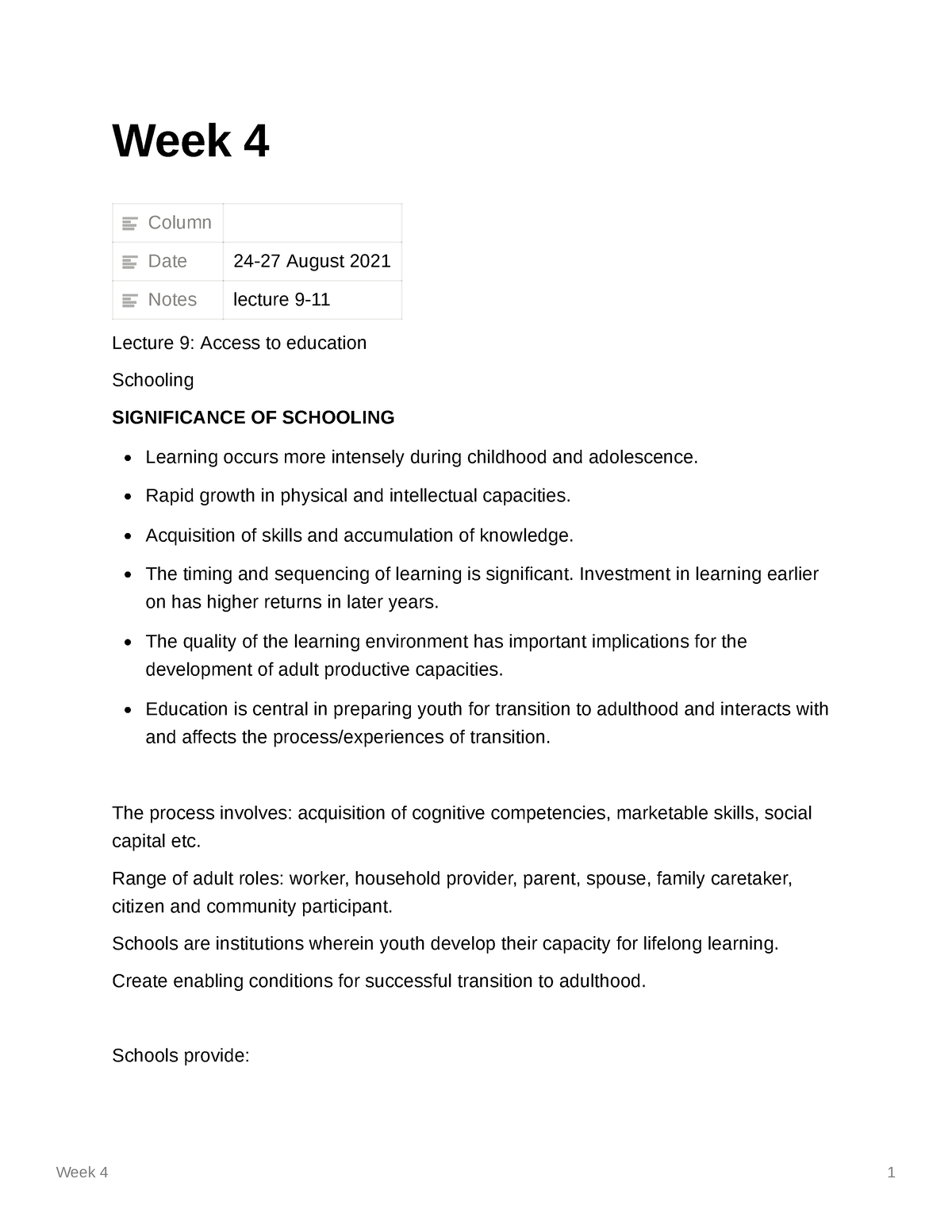 Week 4 - Notes - Week 4 Column Date 24-27 August 2021 Notes Lecture 9 ...