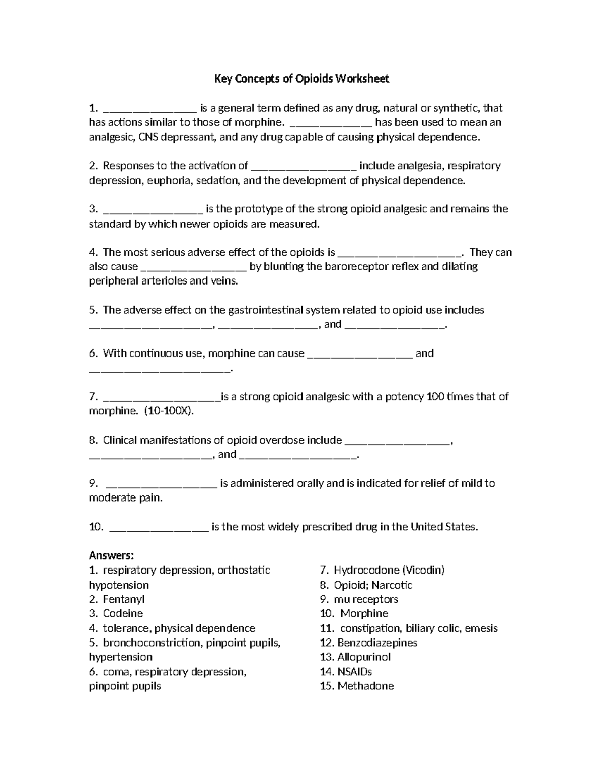 Opioids Worksheet - wkst - Key Concepts of Opioids Worksheet ...