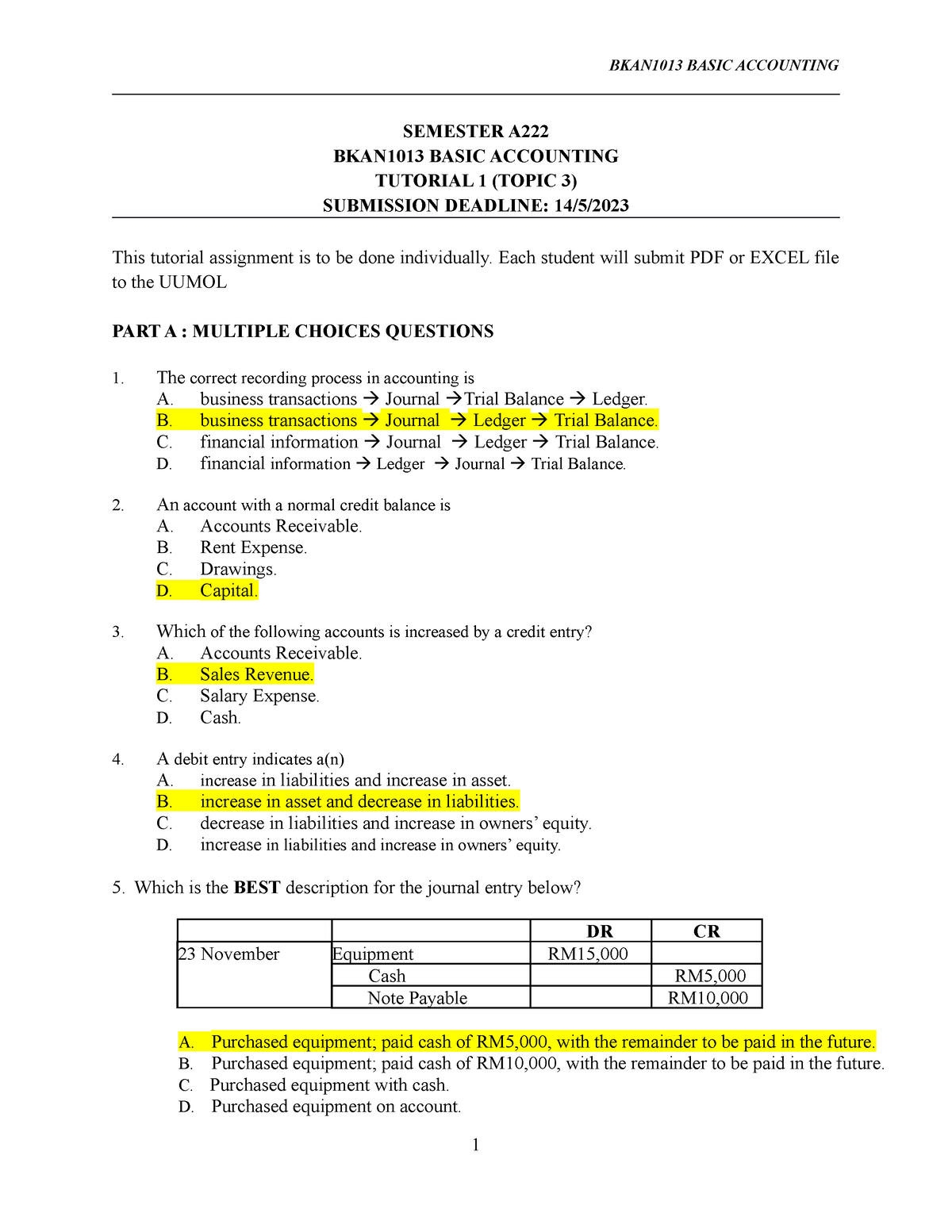 BKAN 1013 Tutorial 1 - SEMESTER A BKAN1013 BASIC ACCOUNTING TUTORIAL 1 ...