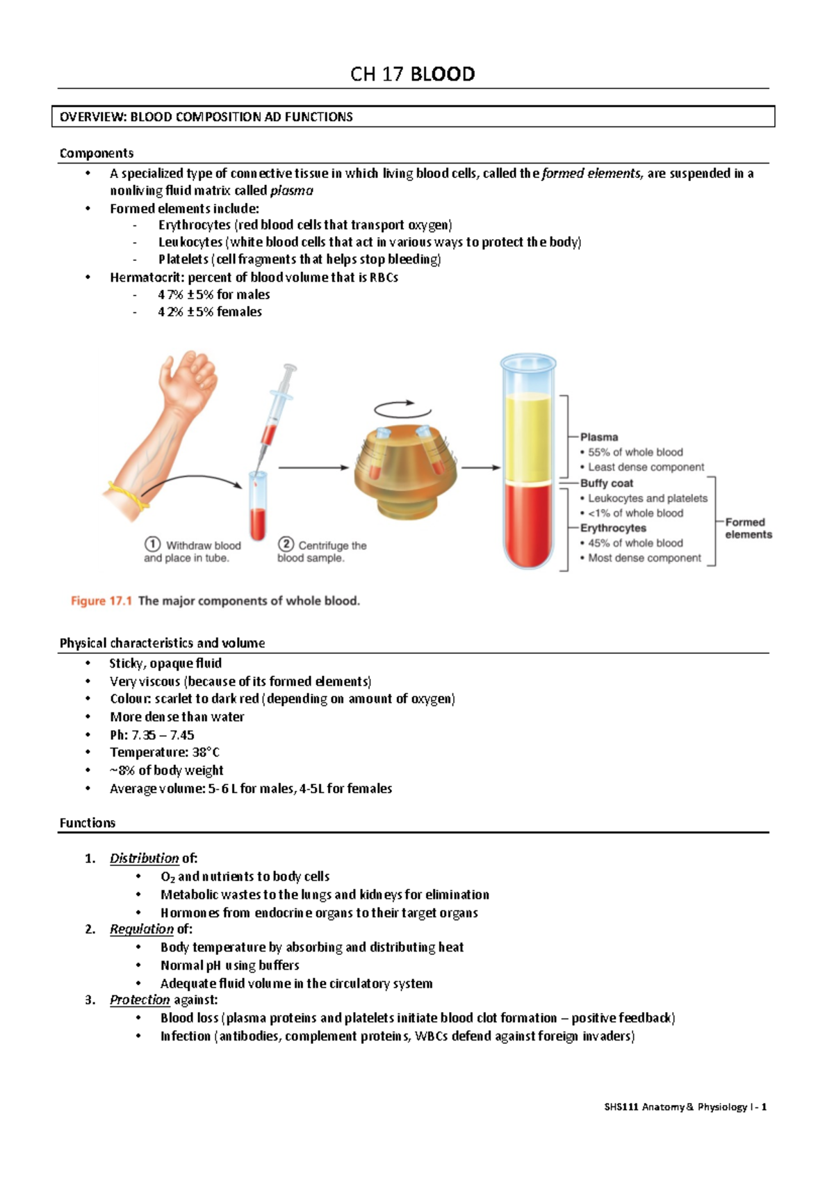 Summary - Blood (Ch17) - CH 17 BLOOD OVERVIEW: BLOOD COMPOSITION AD ...