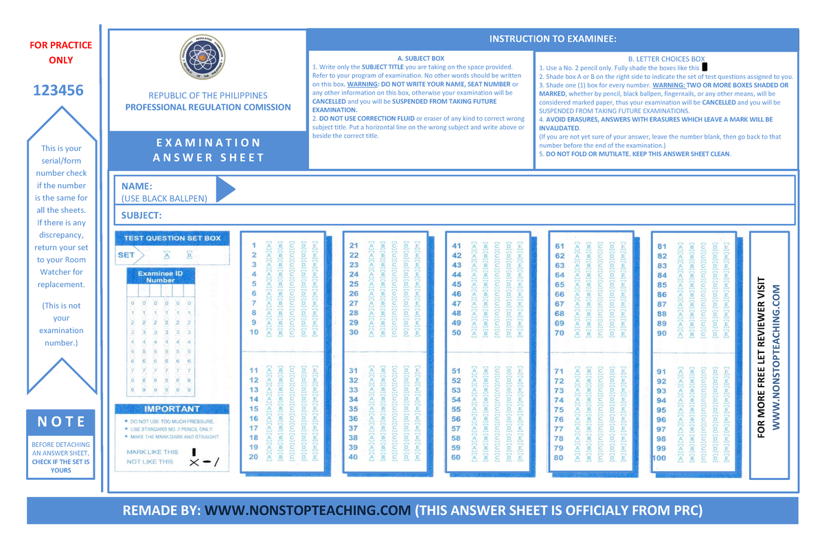 Answer Sheet (for Practice) - REPUBLIC OF THE PHILIPPINES PROFESSIONAL ...