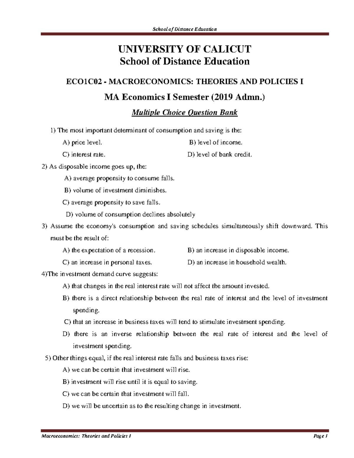 Macroeconomics Theories And Policies I Mcqs - UNIVERSITY OF CALICUT ...