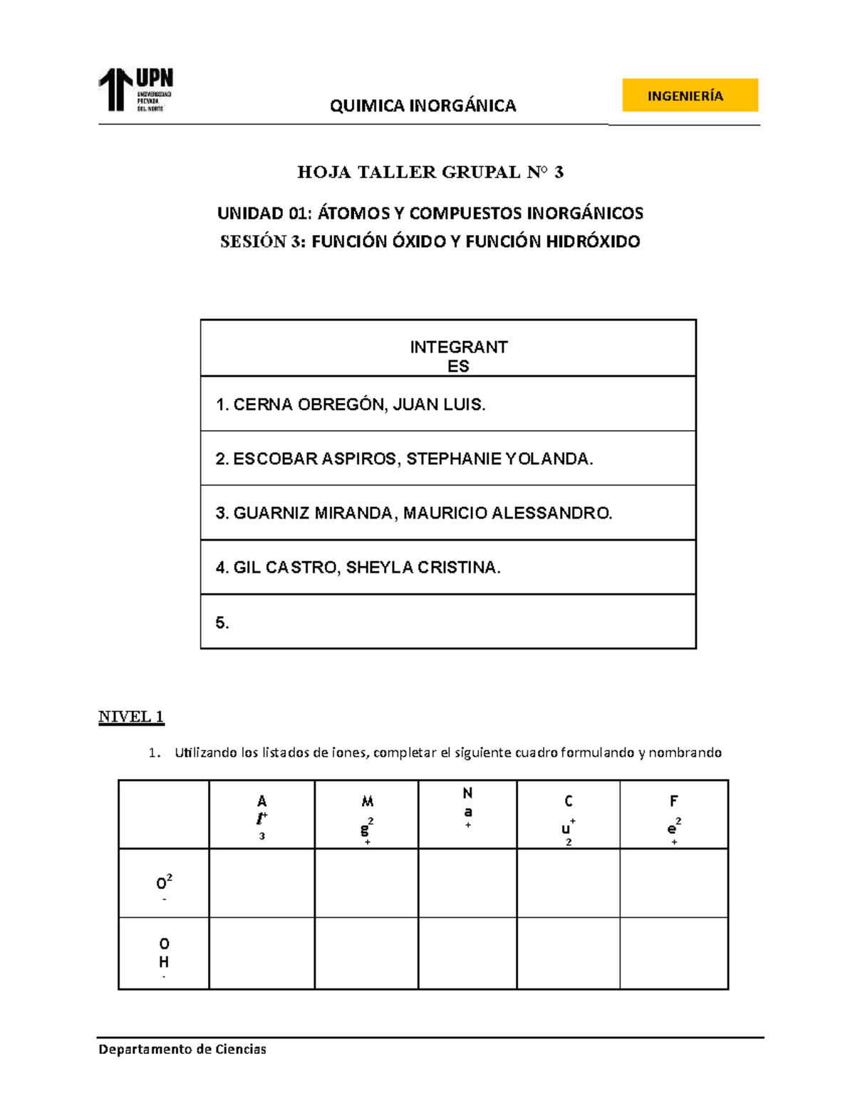 Hoja Taller Grupal N° 3 Óxidos Y Hidróxidos - HOJA TALLER GRUPAL N° 3 ...