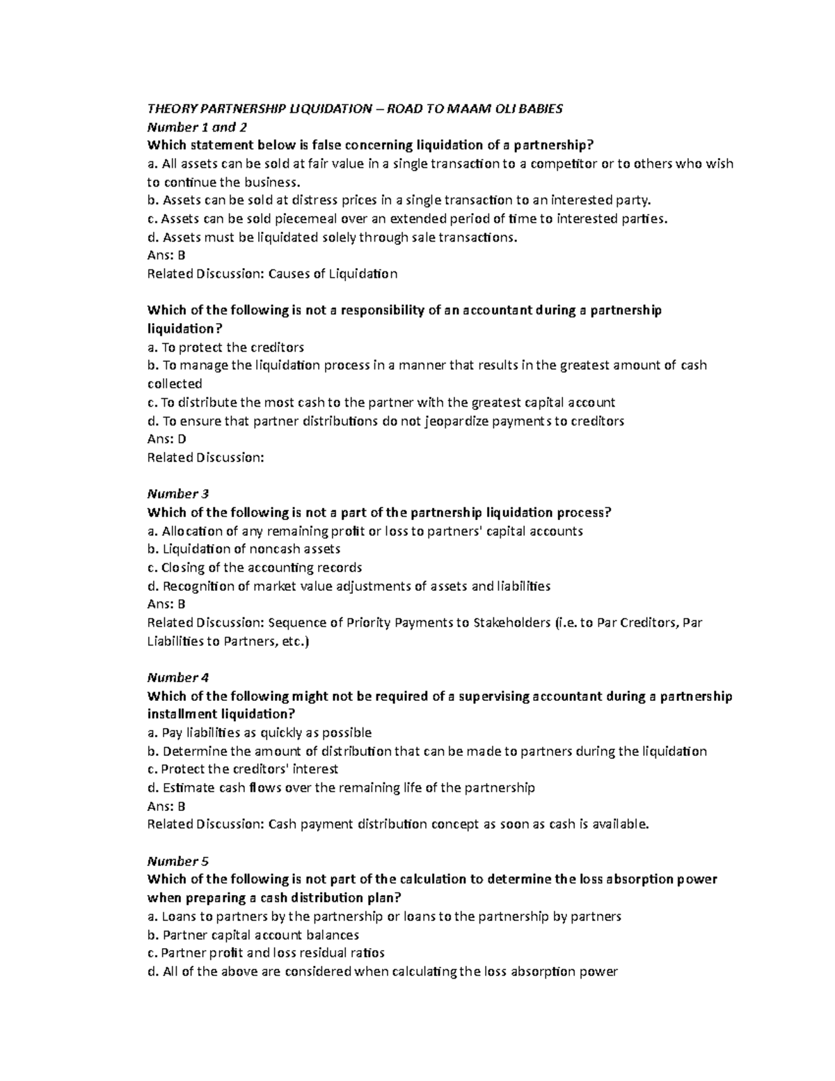 Sample/practice exam - THEORY PARTNERSHIP LIQUIDATION – ROAD TO MAAM ...