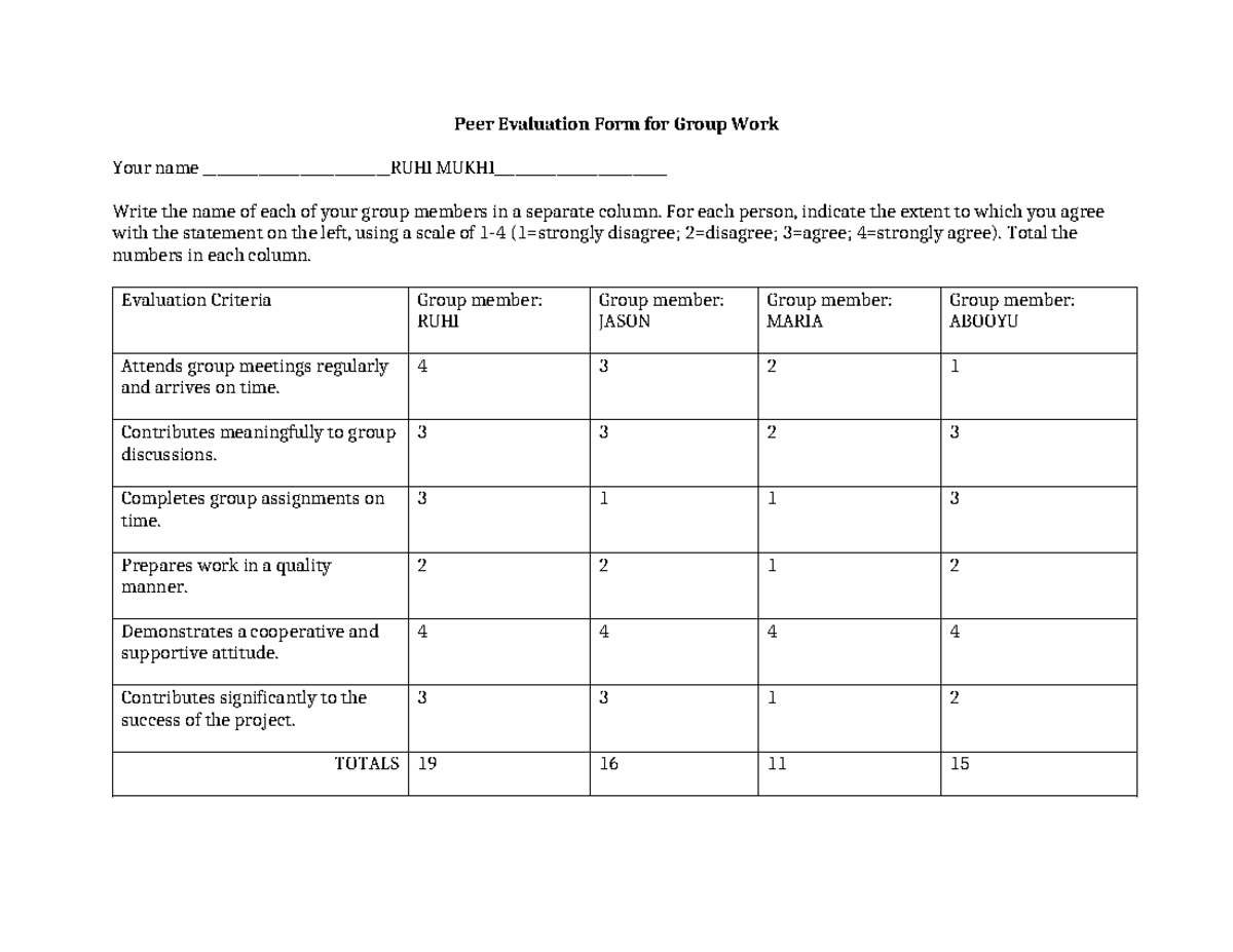 Peer Evaluation - Assignment 3 - Peer Evaluation Form for Group Work ...