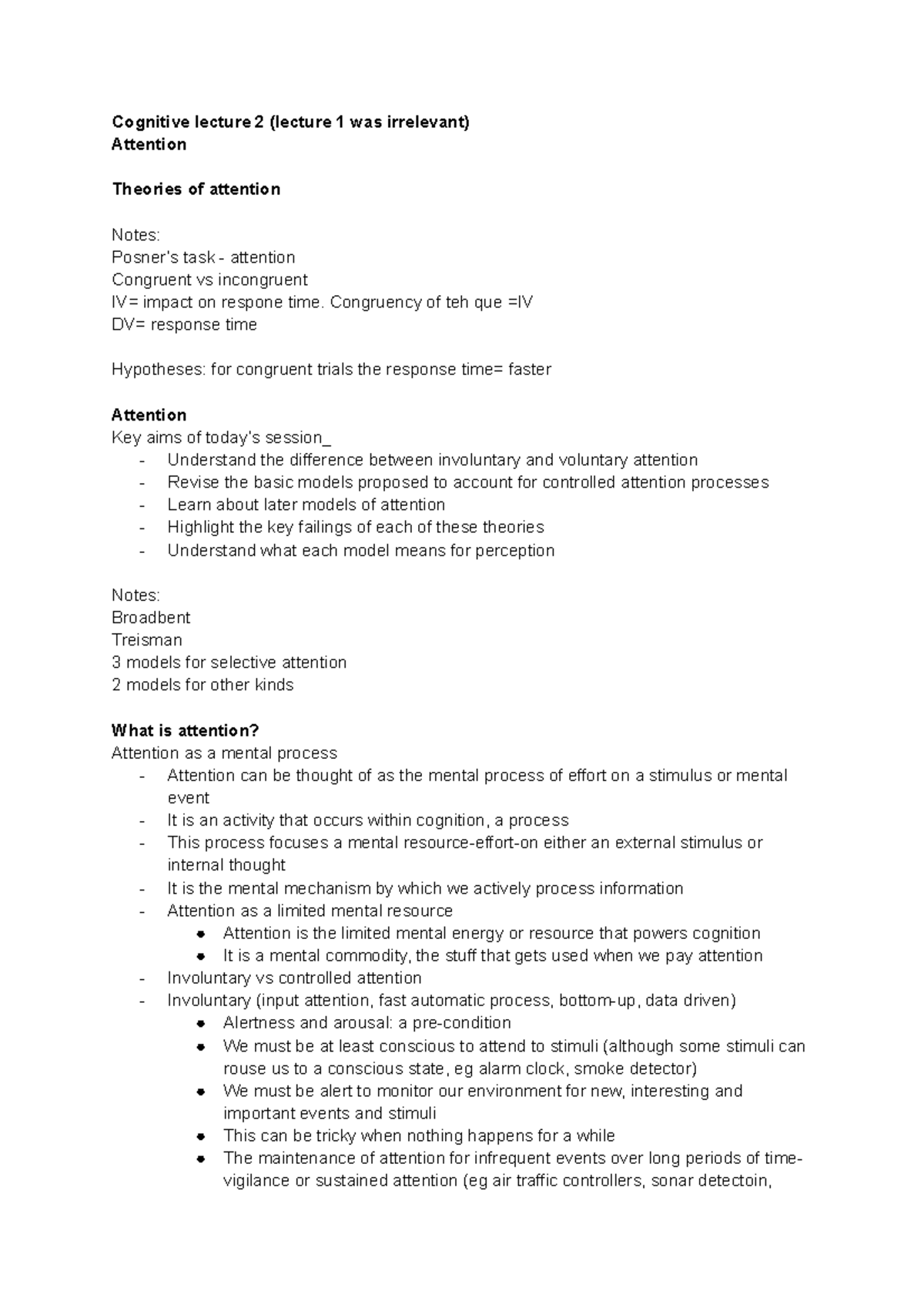 PSYC2091- Cognitive Revision Notes - Cognitive lecture 2 (lecture 1 was ...