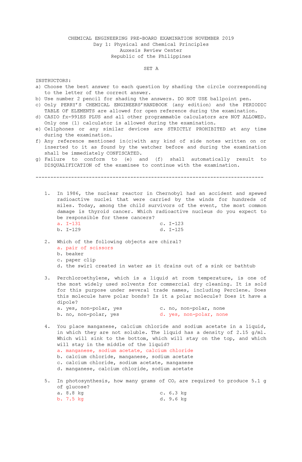 Sample/practice exam 2020, questions and answers CHEMICAL ENGINEERING