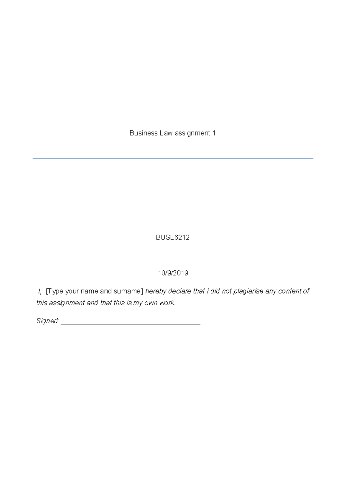 Business Law Assessment - Business Law assignment 1 BUSL 10/9/ I, [Type ...
