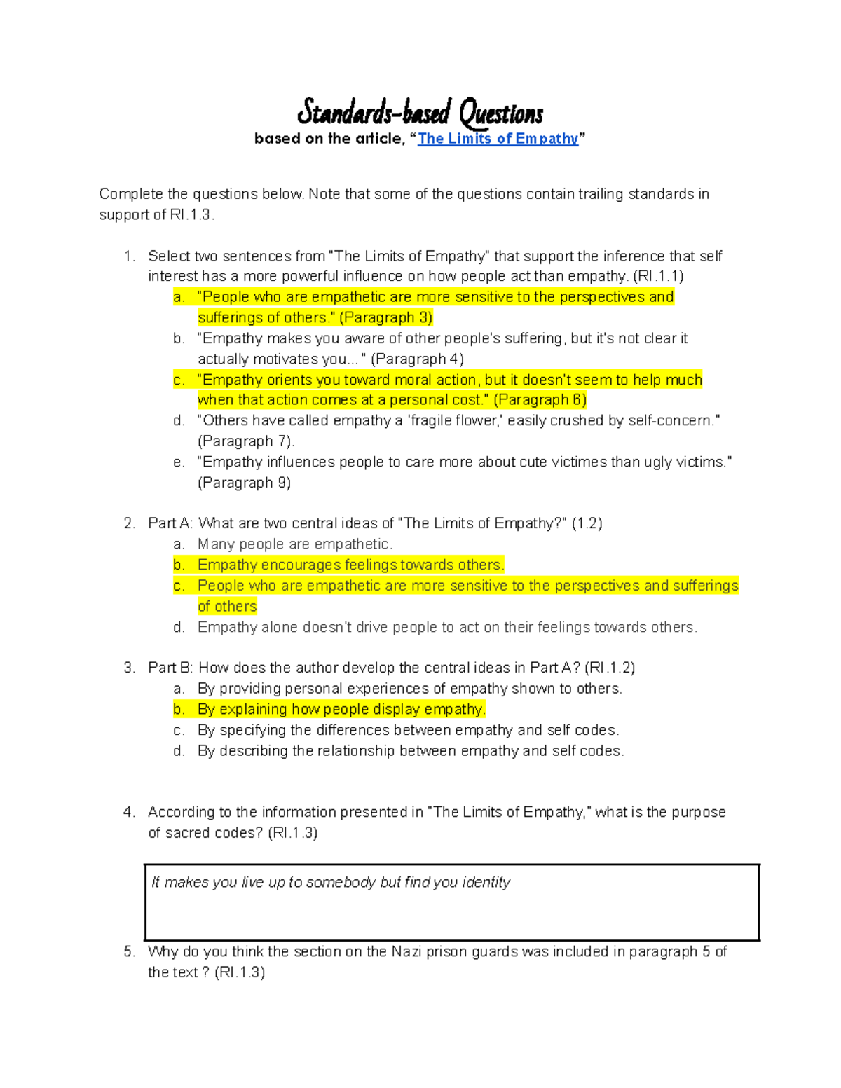 Standardsbased Questions Empathy Standardsbased Questions based