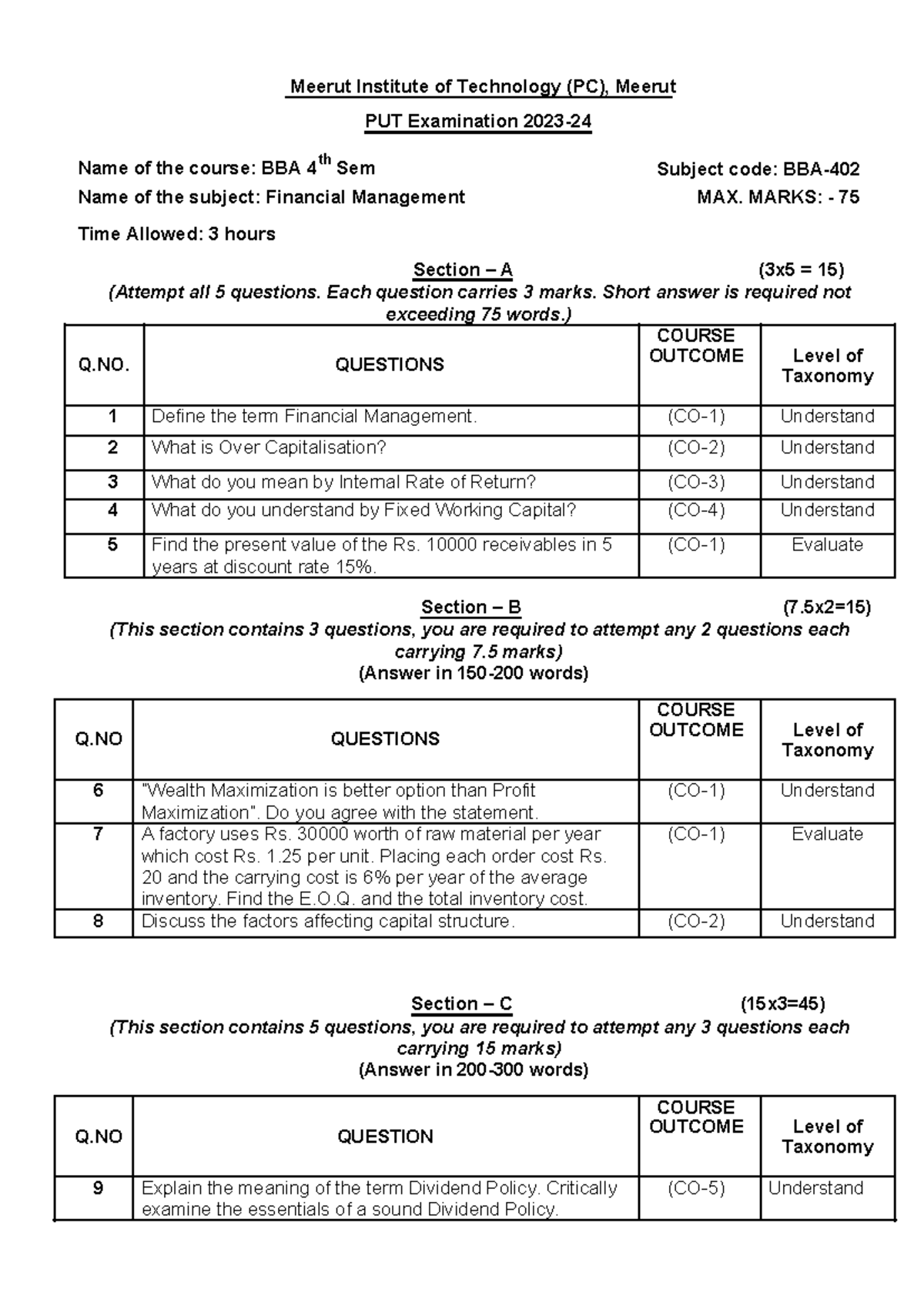 PUT paper of FM solution - Meerut Institute of Technology (PC), Meerut ...