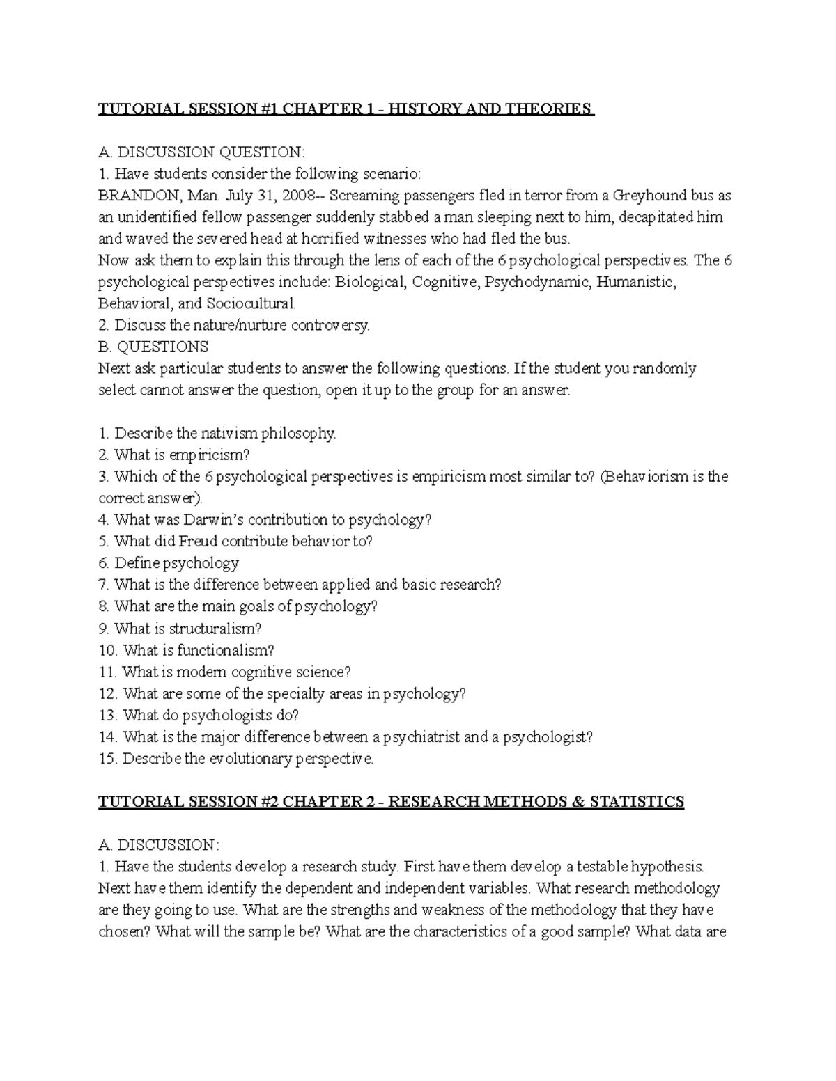 Psych tutorial sessions - TUTORIAL SESSION #1 CHAPTER 1 - HISTORY AND ...