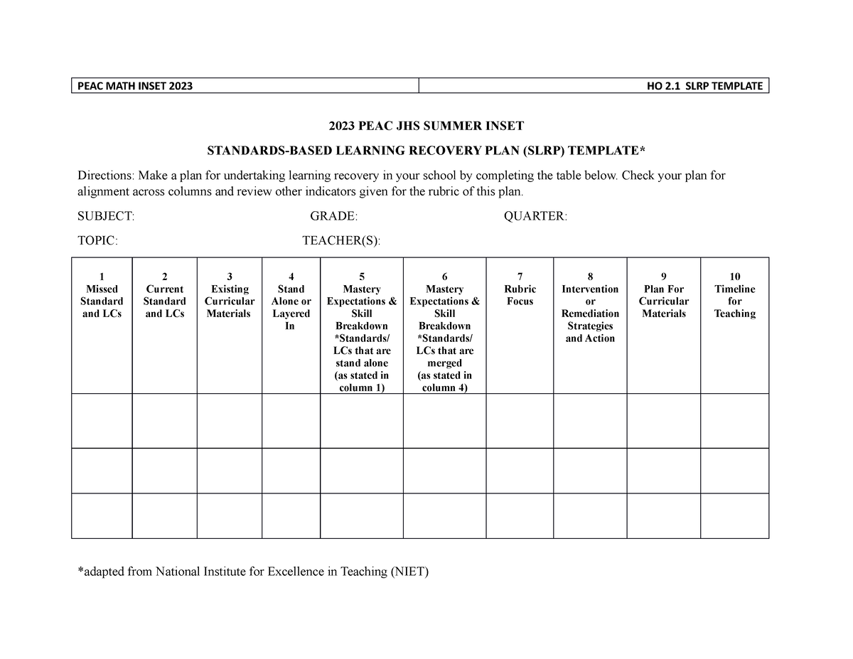 MATH 2.1 SLRP Template - Math slrp - PEAC MATH INSET 2023 HO 2 SLRP ...