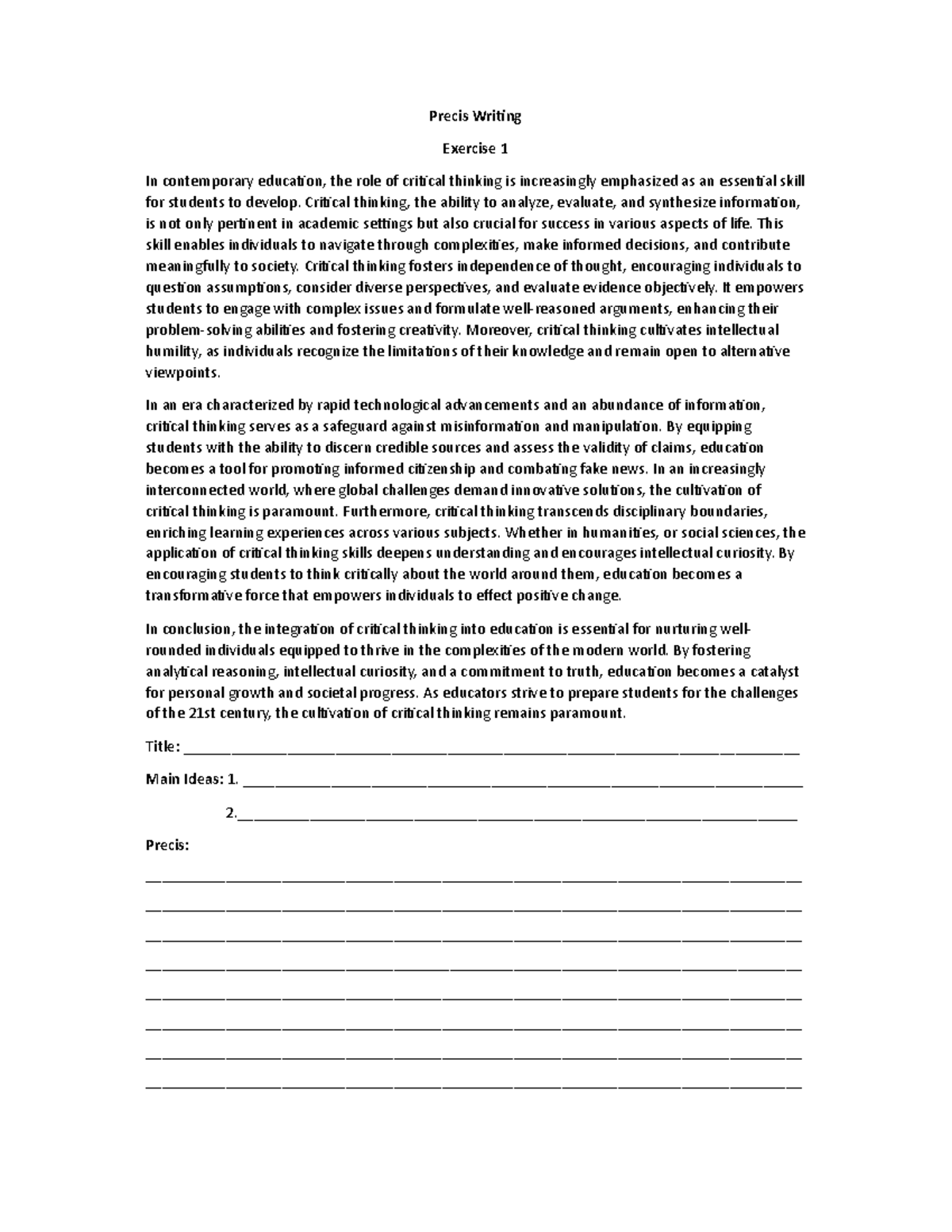 Precis Writing Exercises - Precis WriƟng Exercise 1 In contemporary ...