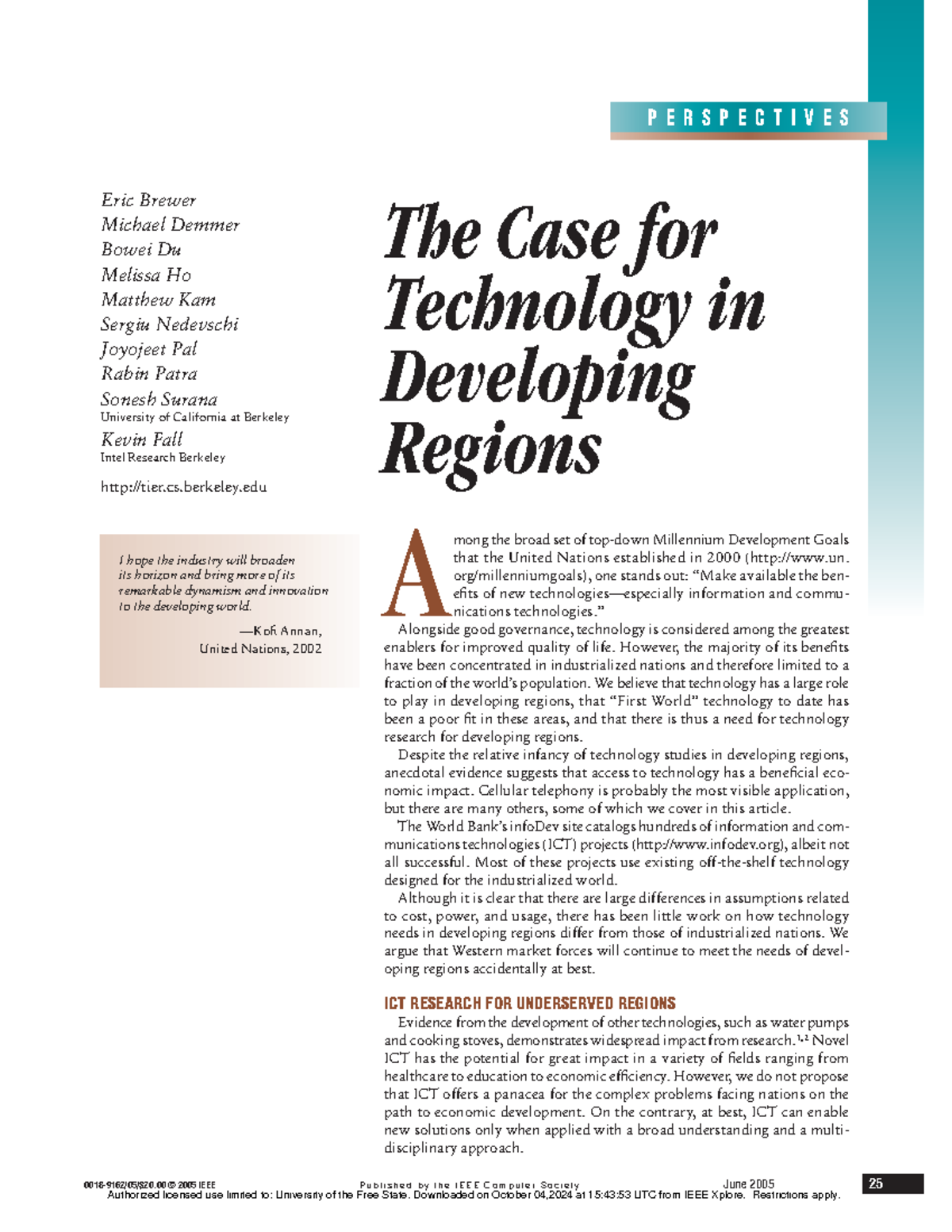 The case for technology in developing regions - 0018-9162/05/$20 © 2005 ...