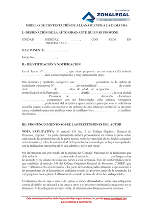  Modelo DE Contestacion DE Allanamiento A LA Demanda - Este modelo y  muchos m·s los puede - Studocu