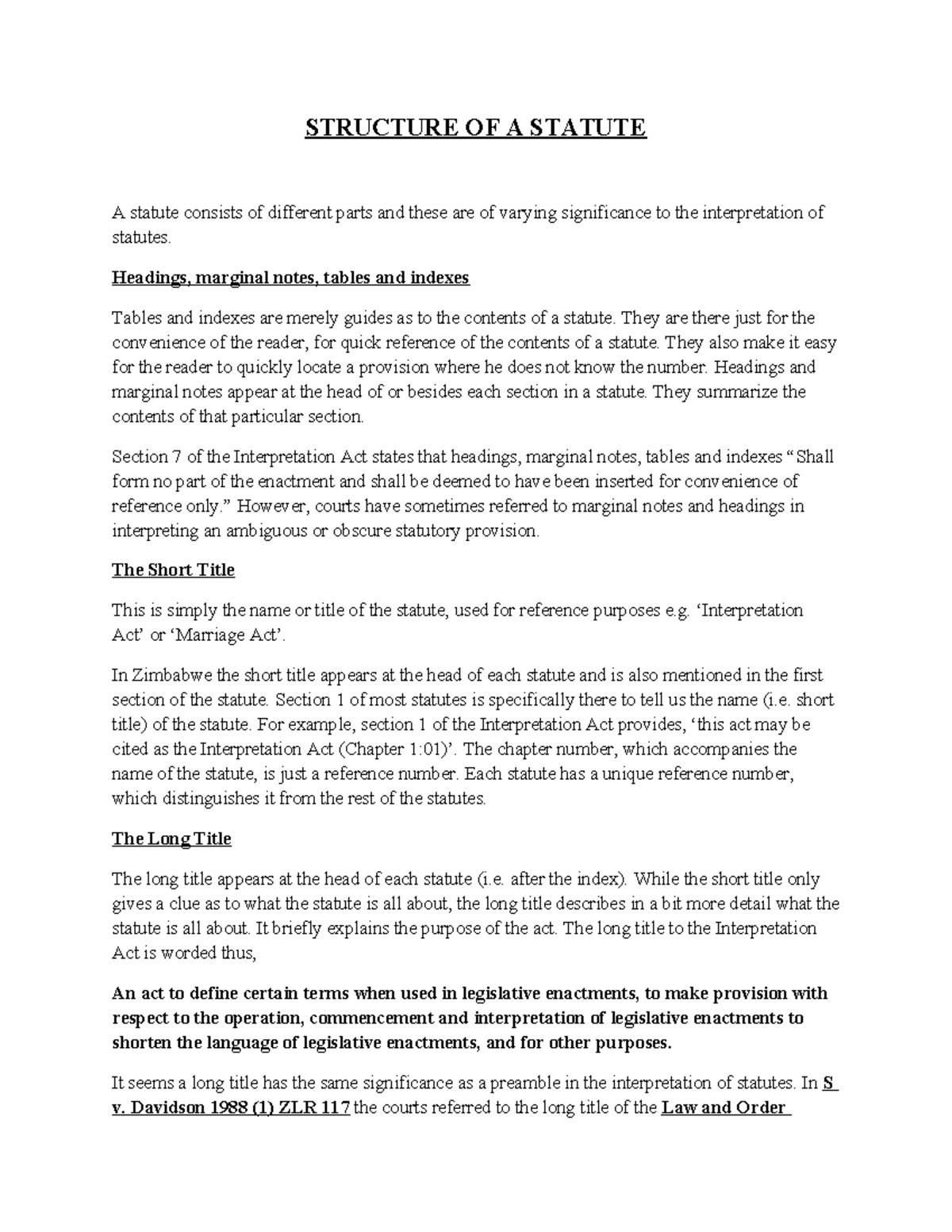 2 Structure OF A Statute STRUCTURE OF A STATUTE A statute consists