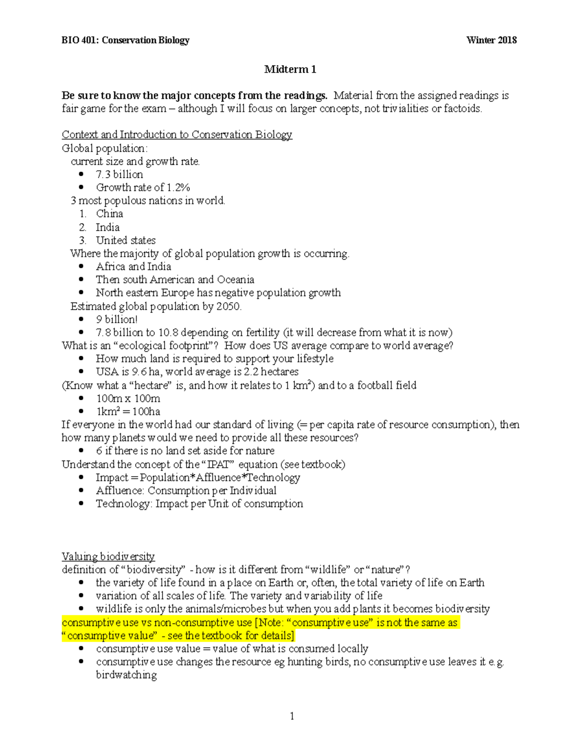 Midterm 1 Key concepts from Lecture - BIO 401: Conservation Biology ...