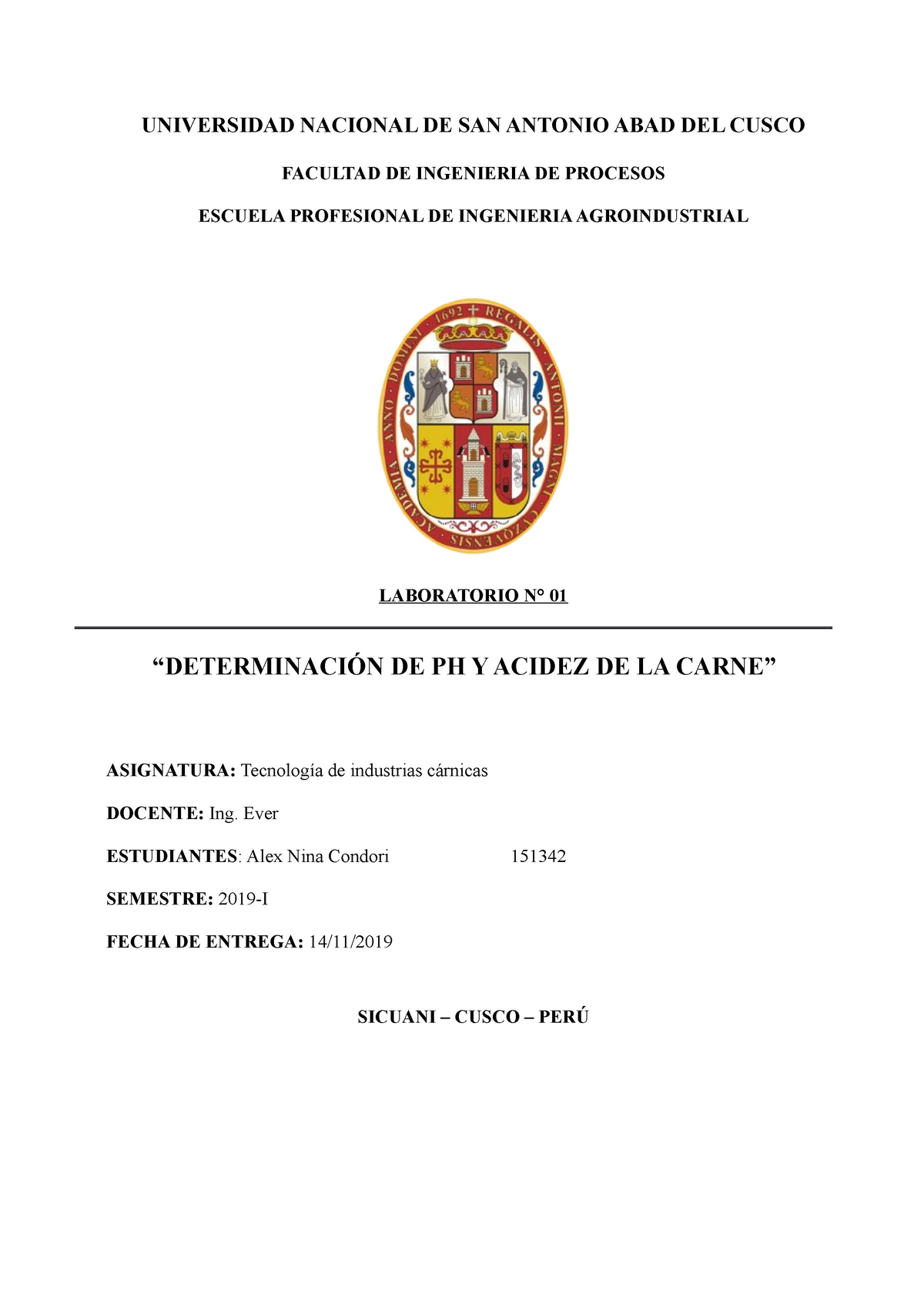 Ph y acidez de la carne - Nota: 15 - UNIVERSIDAD NACIONAL DE SAN ANTONIO  ABAD DEL CUSCO FACULTAD DE - Studocu