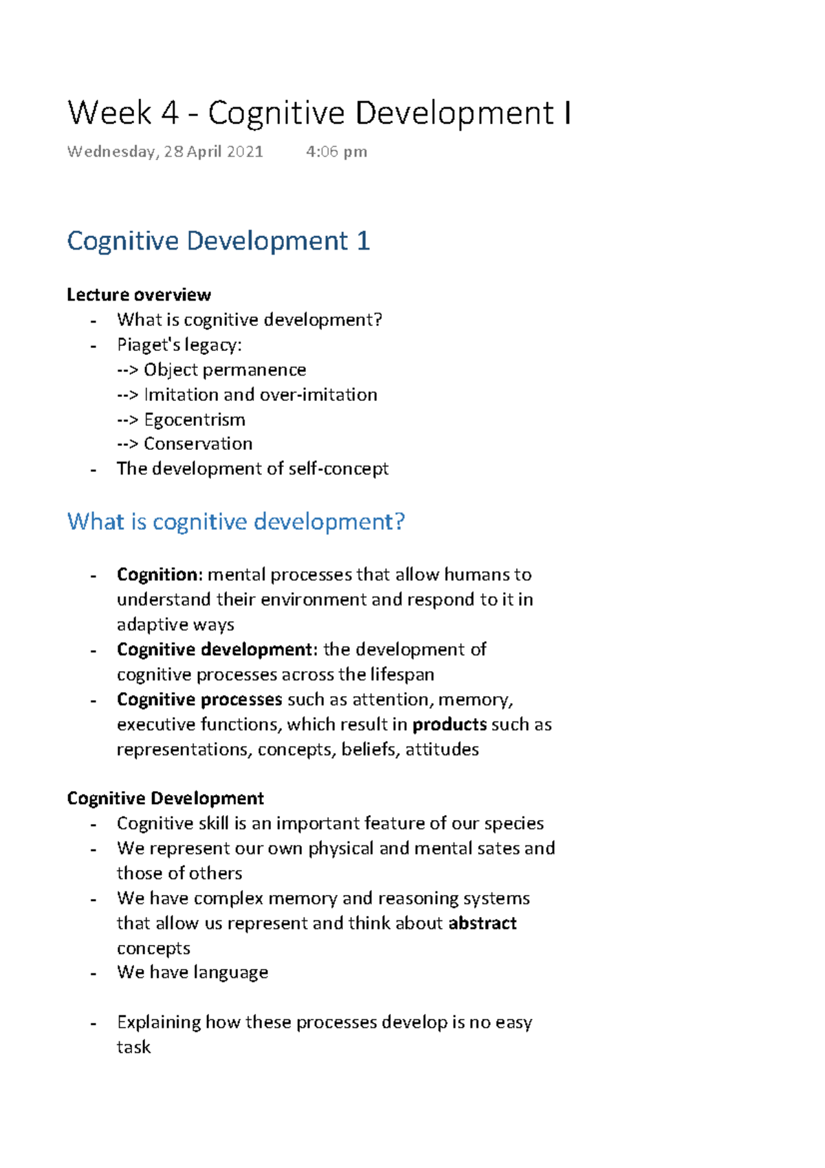 Week 4 - Cognitive Development I - Cognitive Development 1 Lecture ...