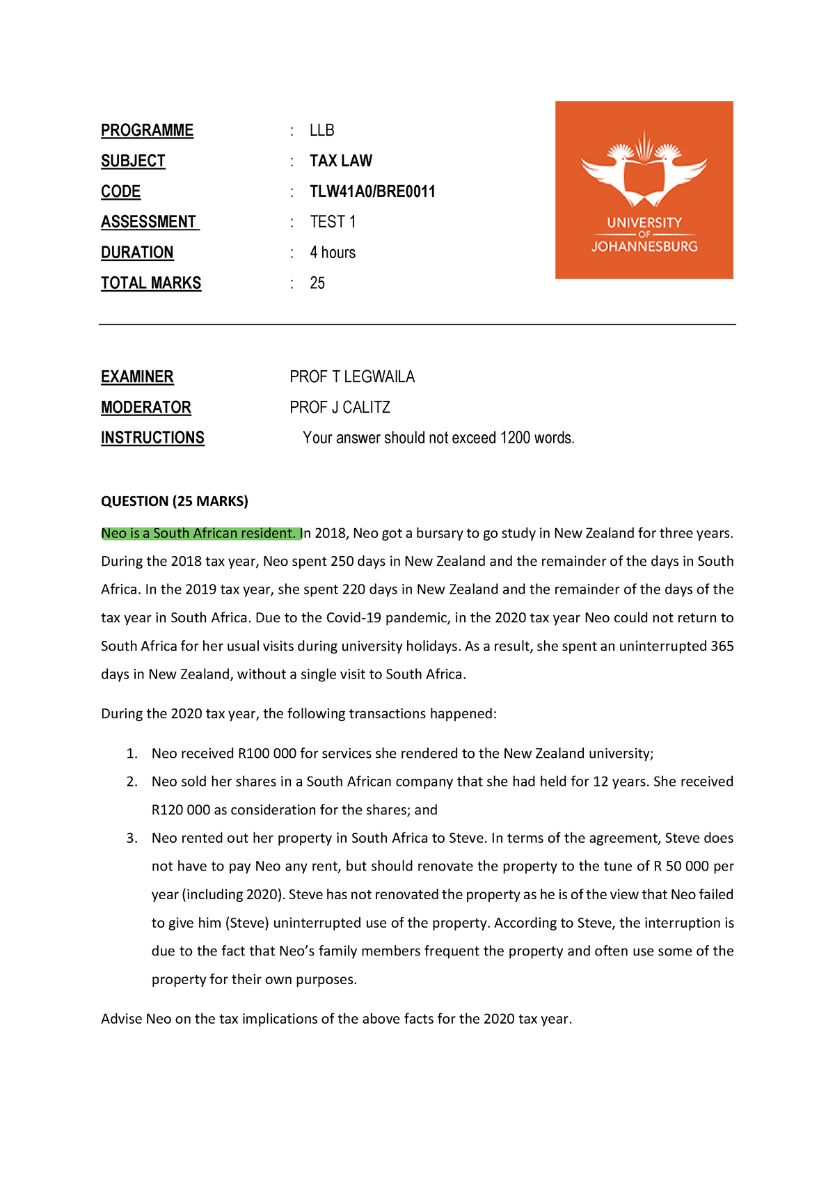 Test 1 - Tax Law First Semester Test 2021 - PROGRAMME : LLB SUBJECT ...