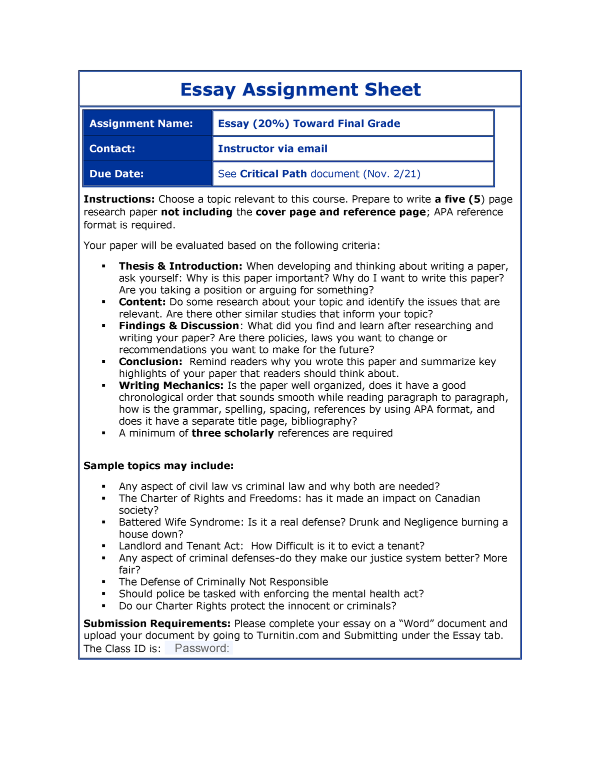 Essay Assignment Sheet Instruction - Essay Assignment Sheet Assignment ...