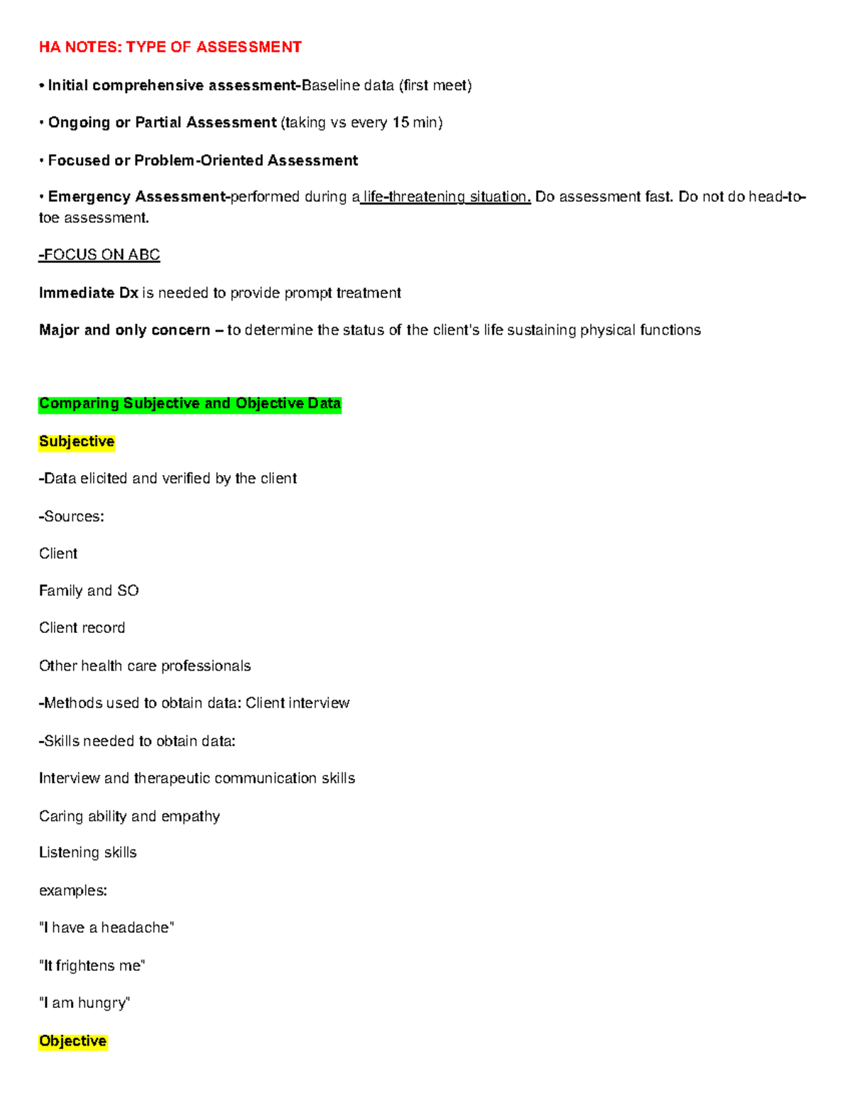 Nursing Health Assessment - HA NOTES: TYPE OF ASSESSMENT Initial ...