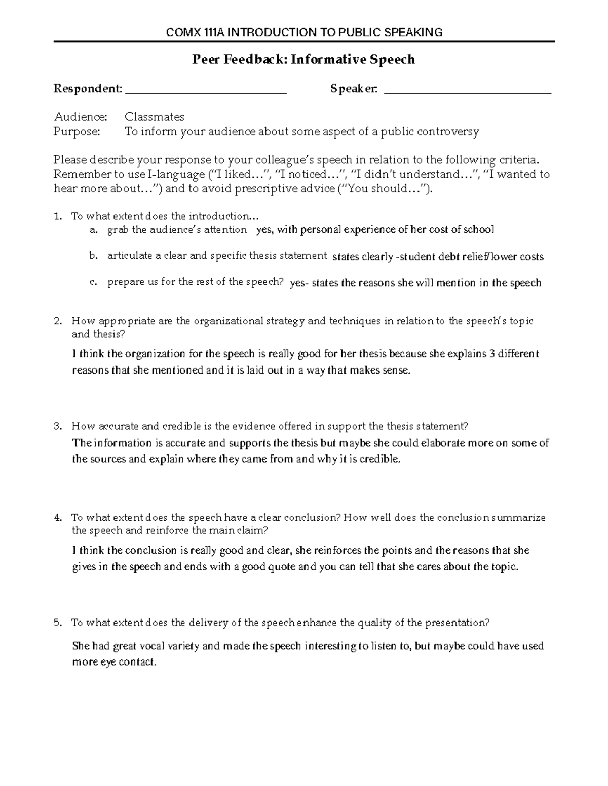 Informative Speech Peer Feedback - COMX 111A INTRODUCTION TO PUBLIC ...