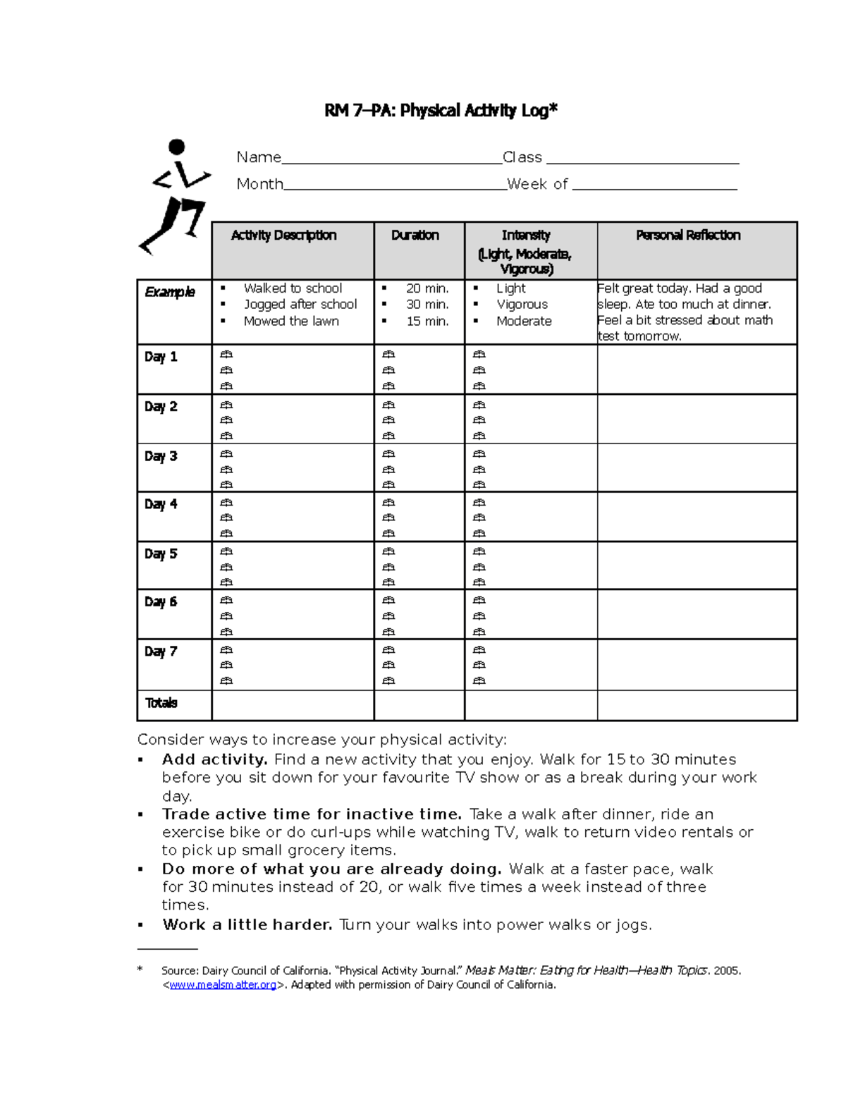 Physical Activity Log Templateconverted hilk RM 7 PA Physical