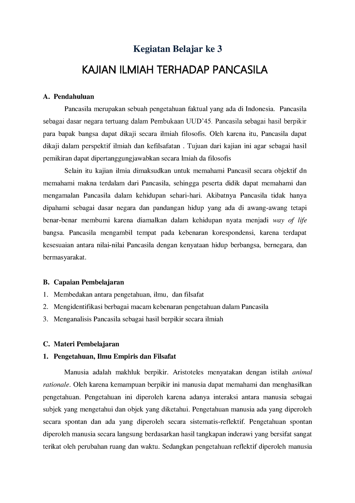 Kajian Ilmiah Terhadap Pancasila - Kegiatan Belajar Ke 3 KAJIAN ILMIAH ...