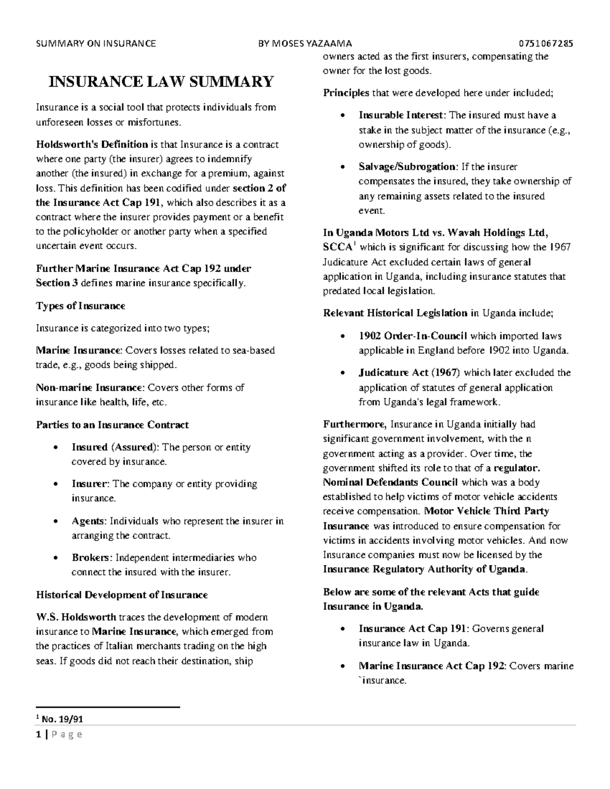 Insurance Summary - INSURANCE LAW SUMMARY Insurance is a social tool ...